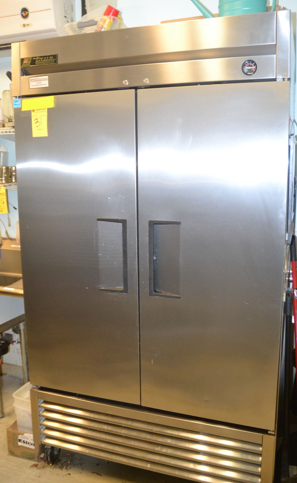 True Staniless Steel 2-Door Refrigerator on Casters Model T-43, S/N 7618710, 30"D x 47"W x 83"H