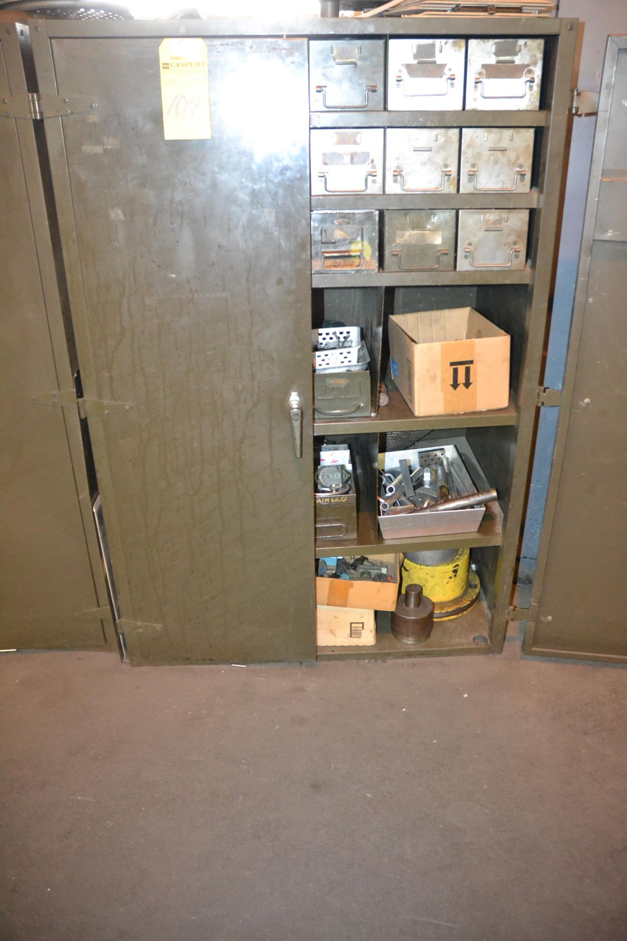Lot - Double Door Storage Metal Cabinet with Bins of Hardware