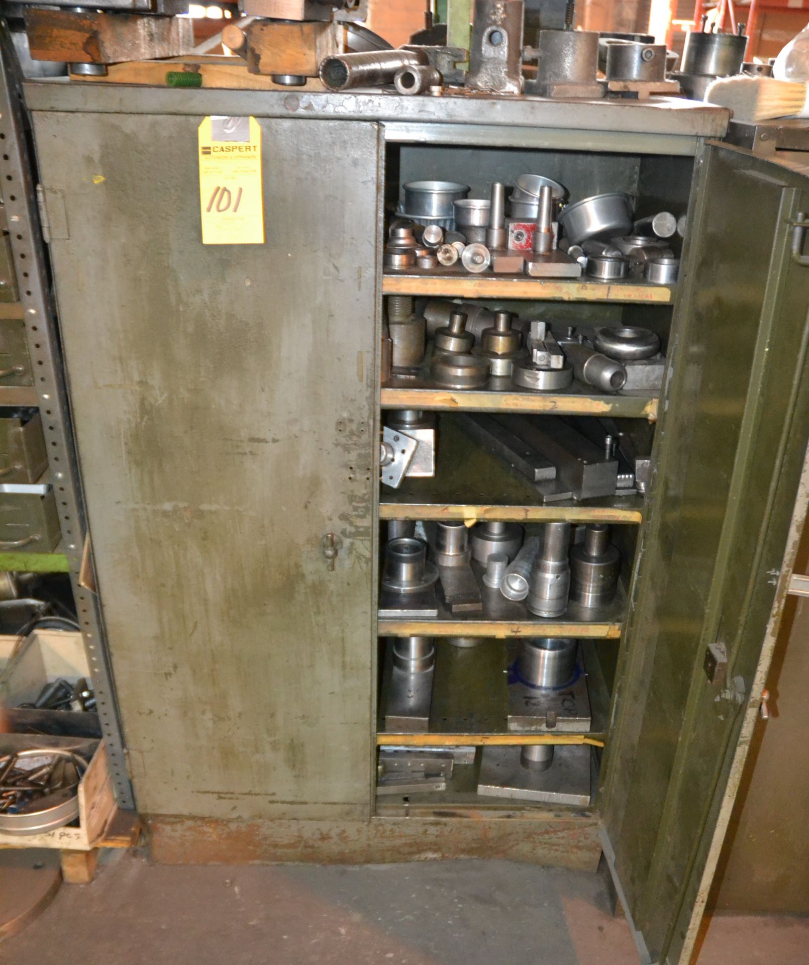 Lot - Double Door Storage Metal Cabinet with Dies & Punches