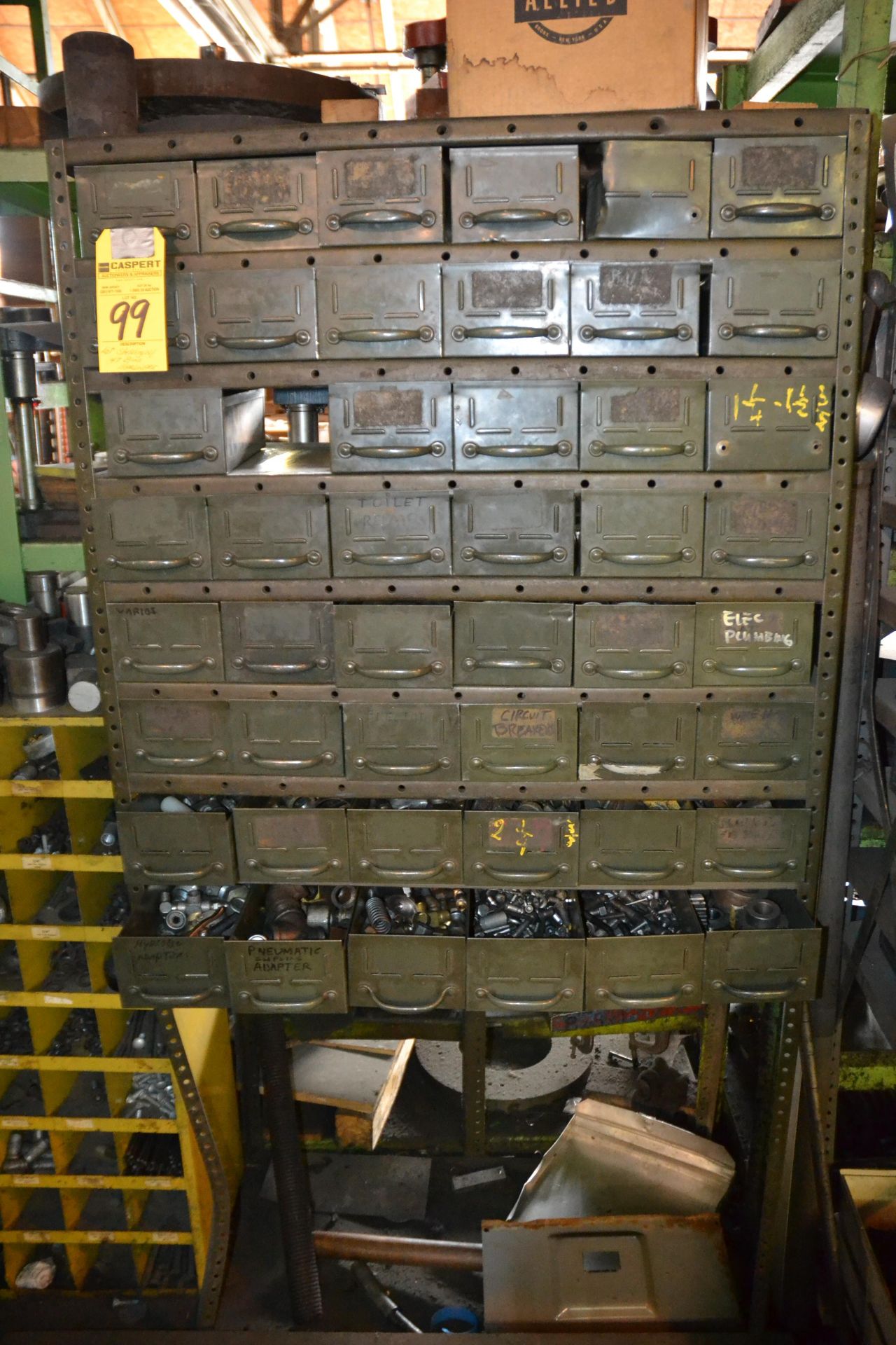 Lot - Shelving with 47 Bins with Contents