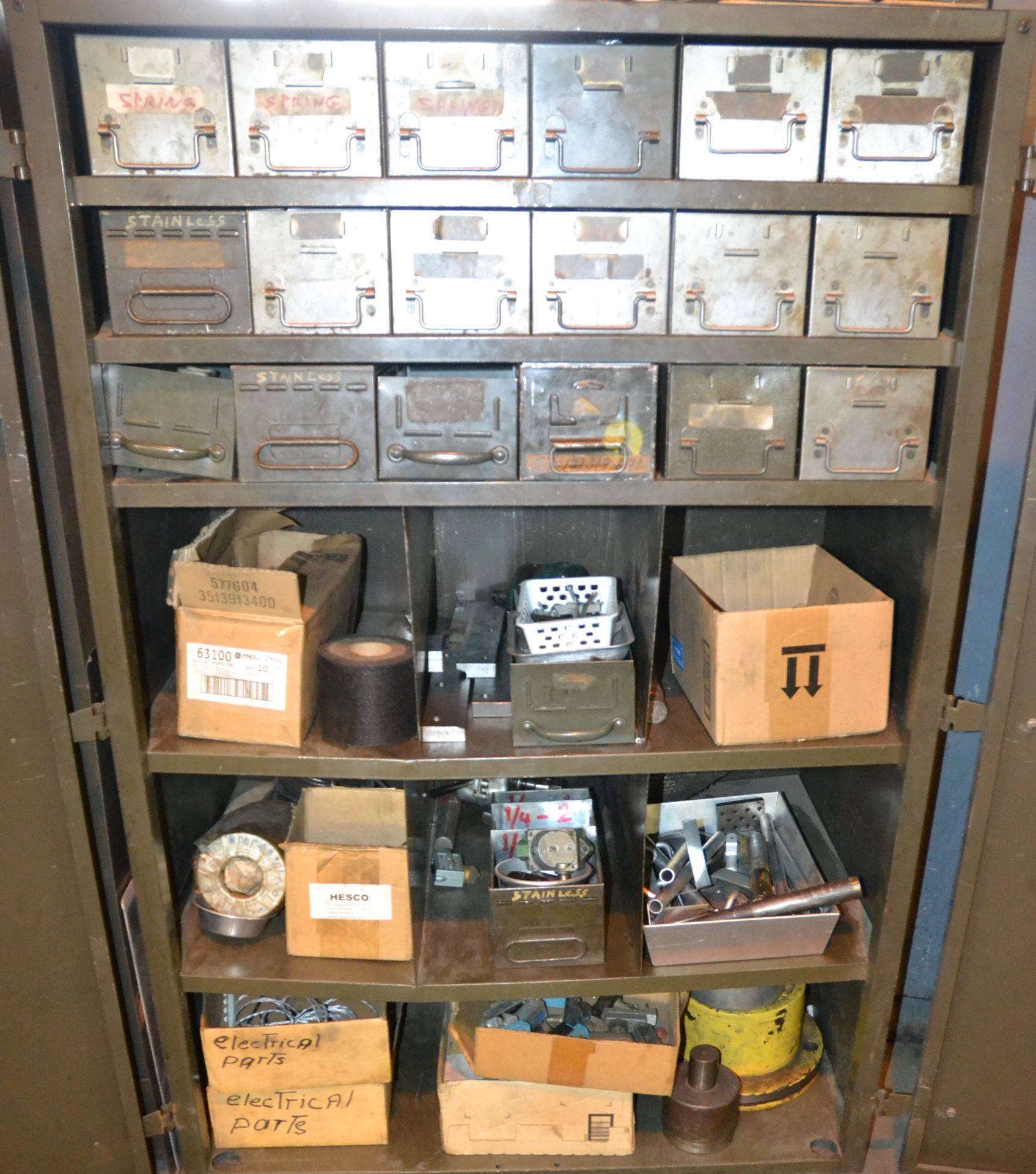 Lot - Double Door Storage Metal Cabinet with Bins of Hardware - Image 2 of 2