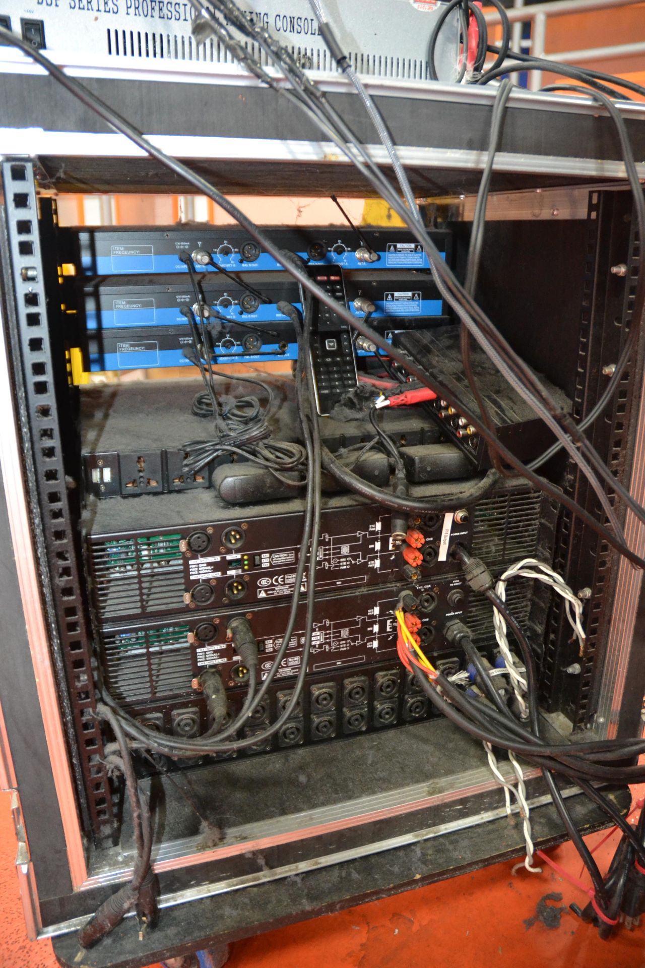 Rack w/ 3 UHF Wireless Microphone System, 2 CALM Amps, 1 DSP 1222 Mixing Console with Road Case - Image 4 of 4