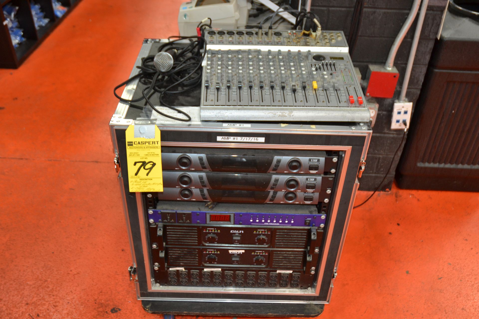 Rack w/ 3 UHF Wireless Microphone System, 2 CALM Amps, 1 DSP 1222 Mixing Console with Road Case