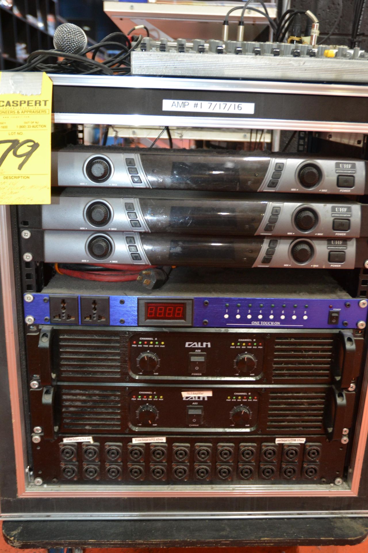 Rack w/ 3 UHF Wireless Microphone System, 2 CALM Amps, 1 DSP 1222 Mixing Console with Road Case - Image 3 of 4