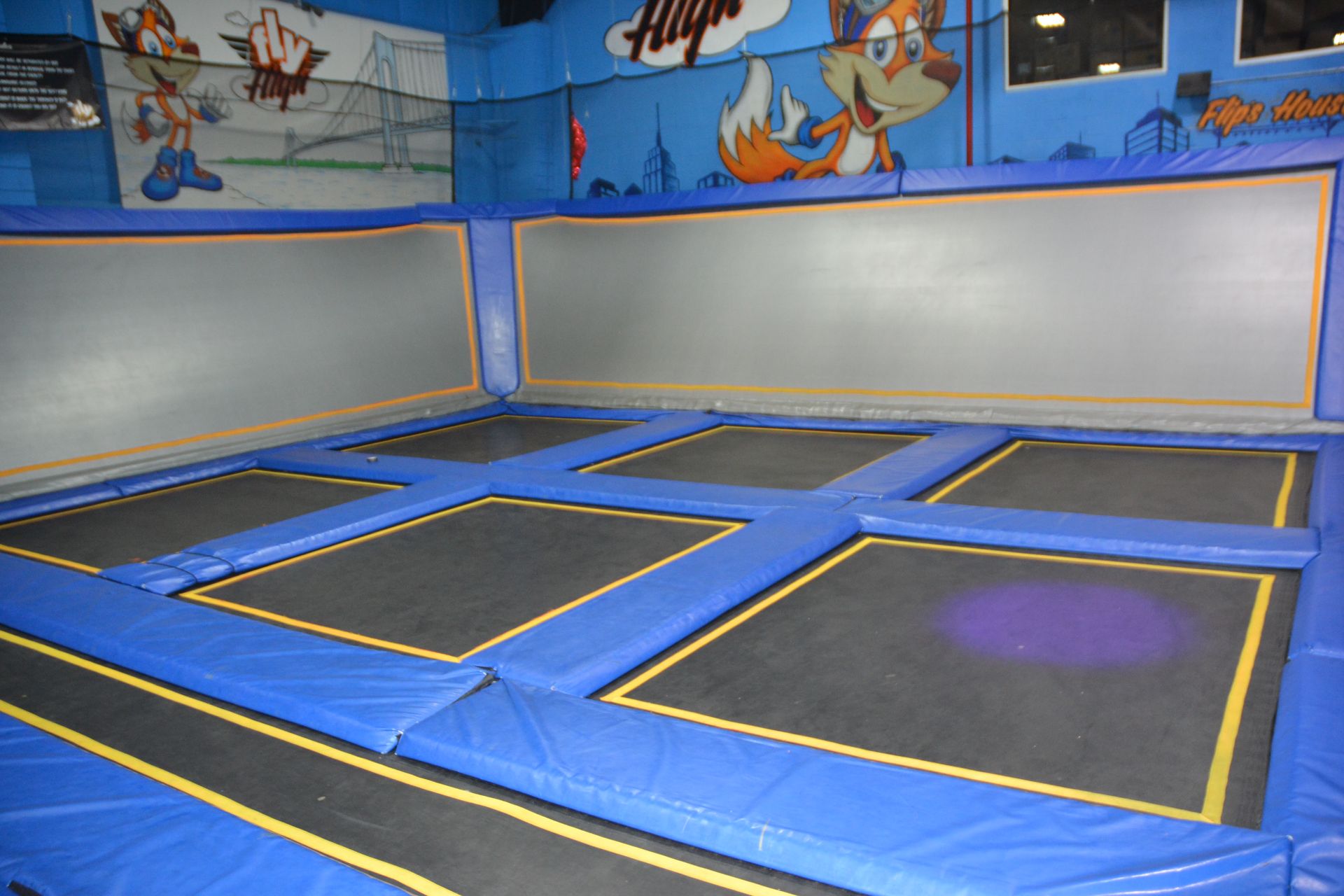 Trampoline Area Including: (12) 9' x 8' Trampolines, (1) 28' x 2 1/2' Trampoline, (4) Wall