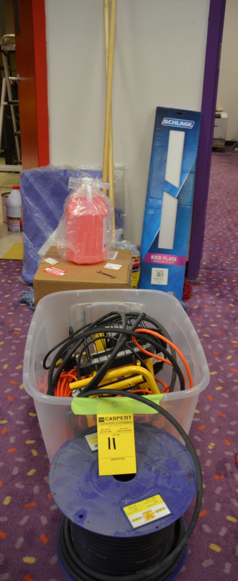 Lot - Cleaning Products, Extension Cords, Cables, Etc.