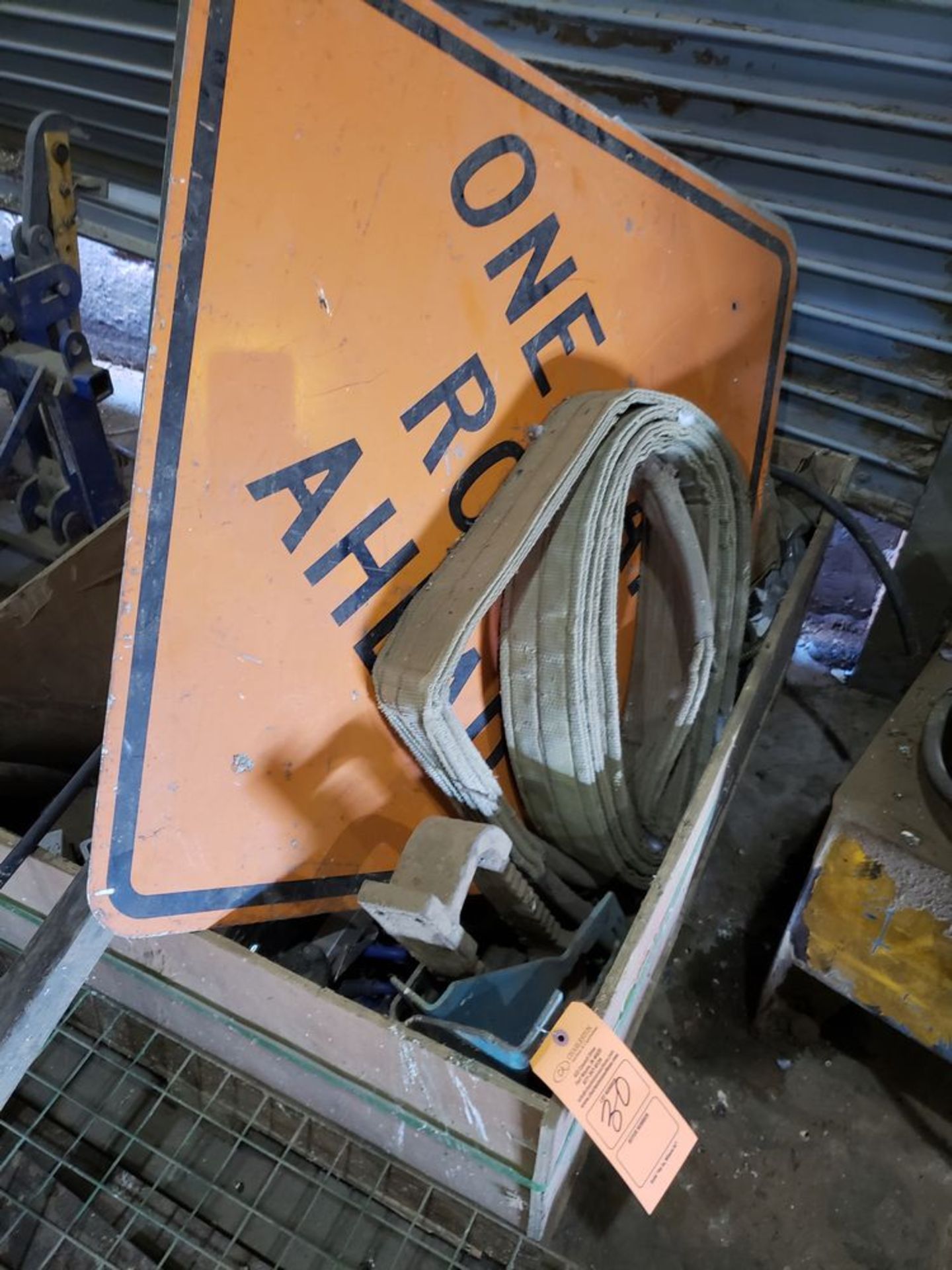 CRATE OF MISC. CONSTRUCTION SIGNS; STRAPS; CHAINS; FIRE EXTINGUISHER (LOCATED AT: 29861 OLD HWY