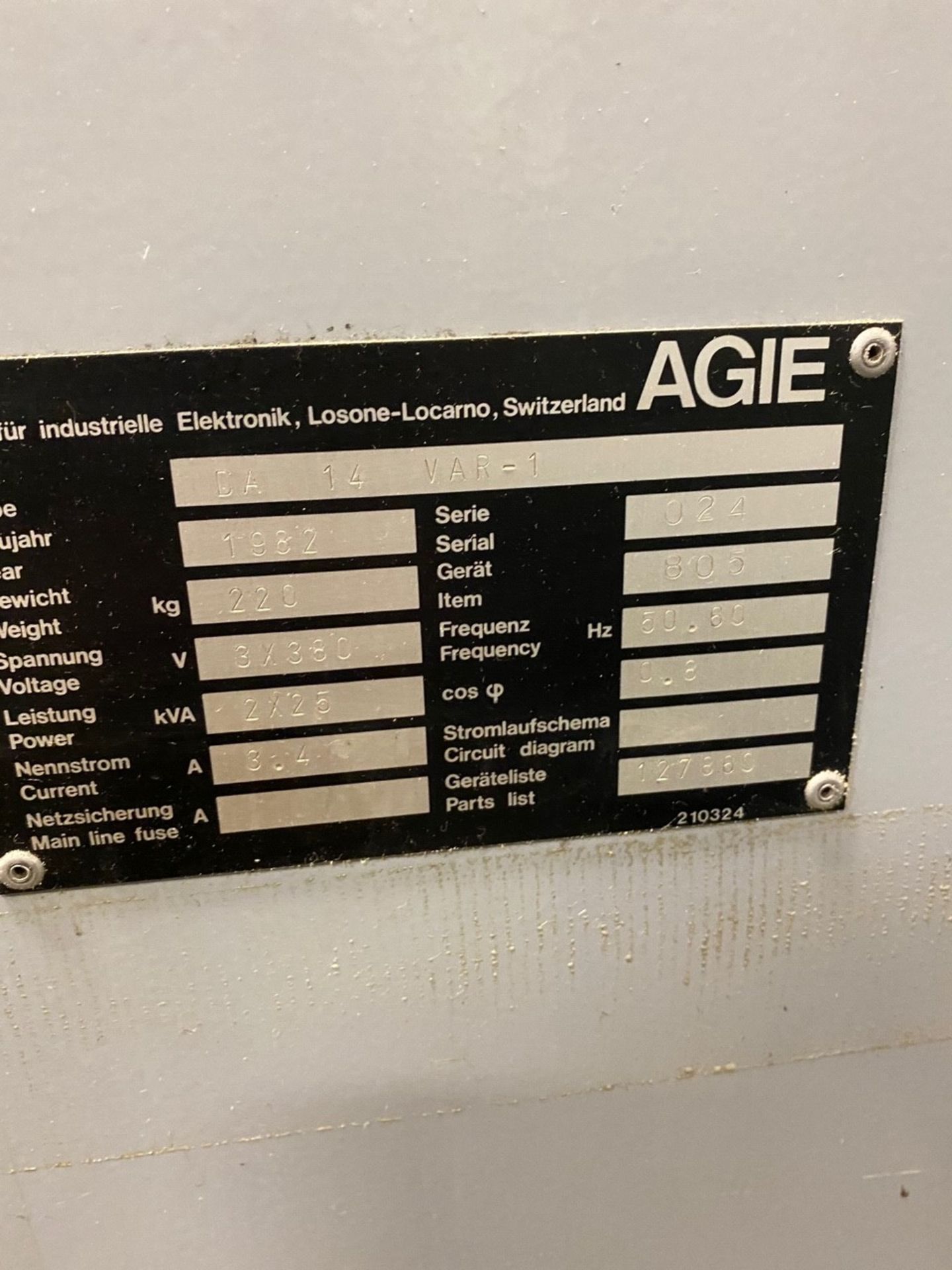 1982 AGIE AGIETRON - AGIECUT WIRE EDM; TYPE-CNC 100/2; 100D-ACC (002); S# 385; VOLTAGE; 2 X380; 60HZ - Image 5 of 5