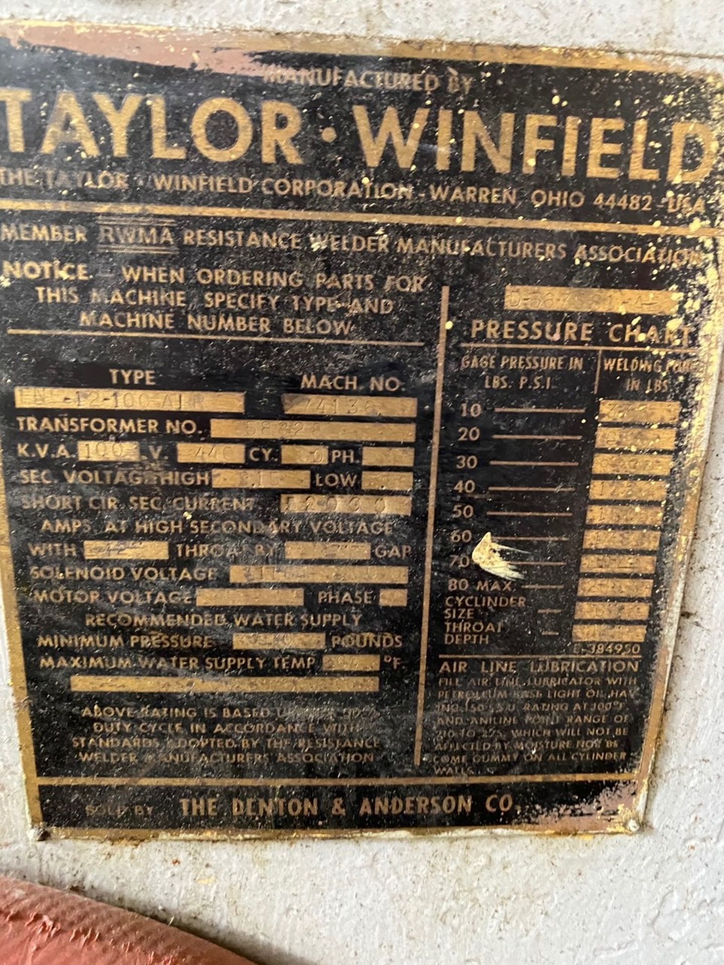 TAYLOR WINFIELD SPOT WELDER; TYPE: ENE-12-100 AR; S# 74136; 100KVA/440V/60HZ; 12" THROAT (6801 - Image 3 of 3