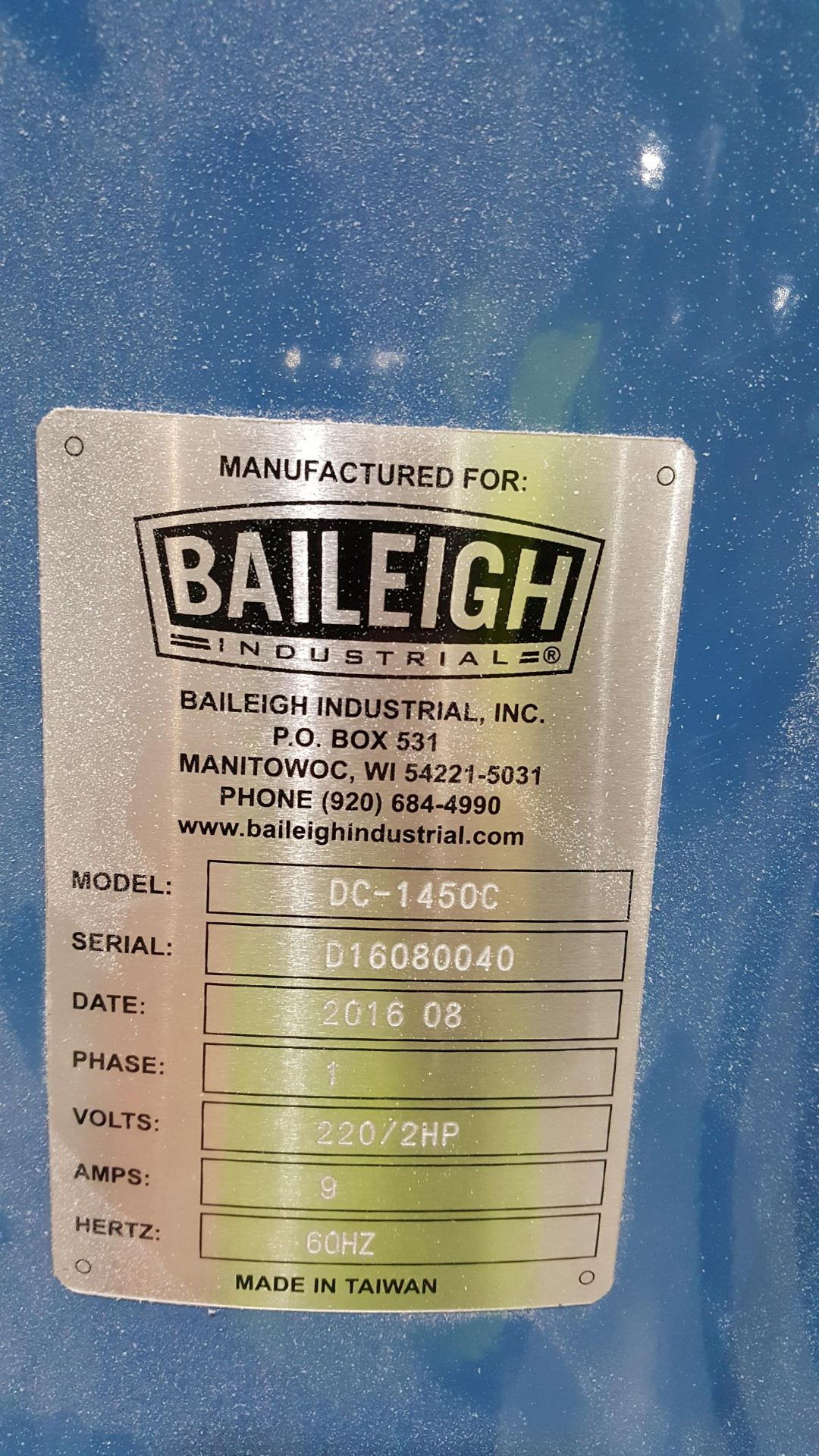 BALEIGH Industrial Dust Collector , Model DC-1450C, SN D16080040, PH 1, 220 volts/2HP, 60 hz, - Image 2 of 2