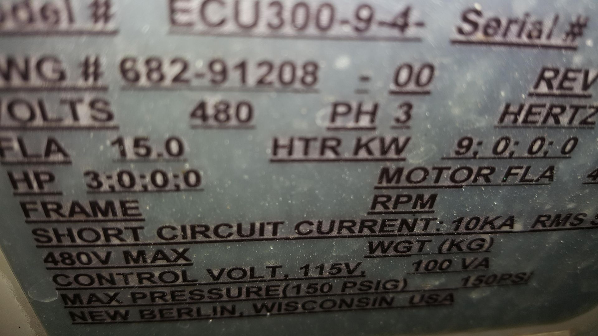 AEC Temperature controller, Model ECU300-9-4-2, SN 37H1096, 480 volts, PH3, 60Hz, FLA: 15, HTR KW: - Image 2 of 2