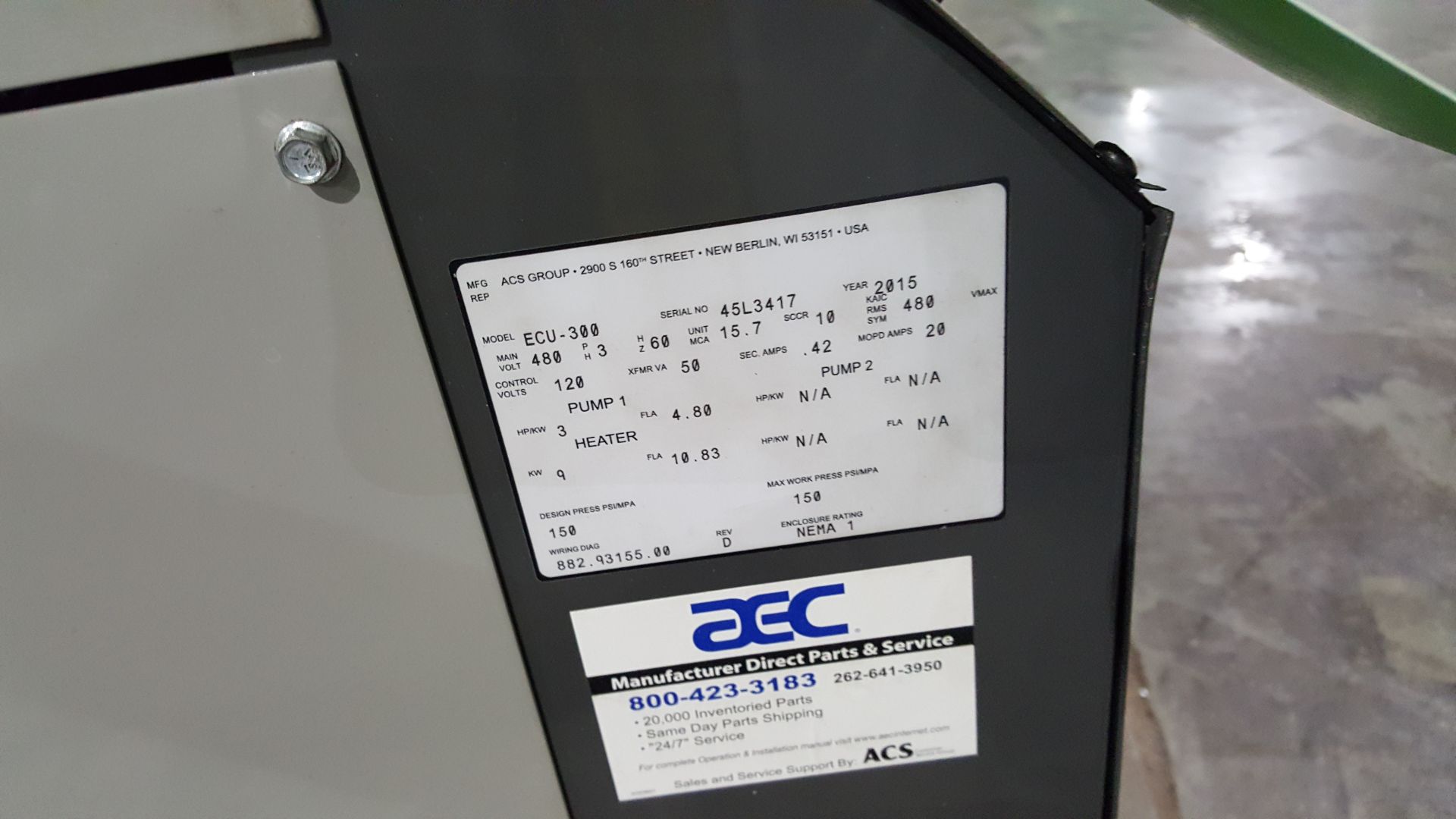 AEC Tempeature controller, Model ECU300, SN 45L3417, 480 volts, PH3, 60Hz. Year: 2015,PUMP: 3 HP - Image 2 of 2