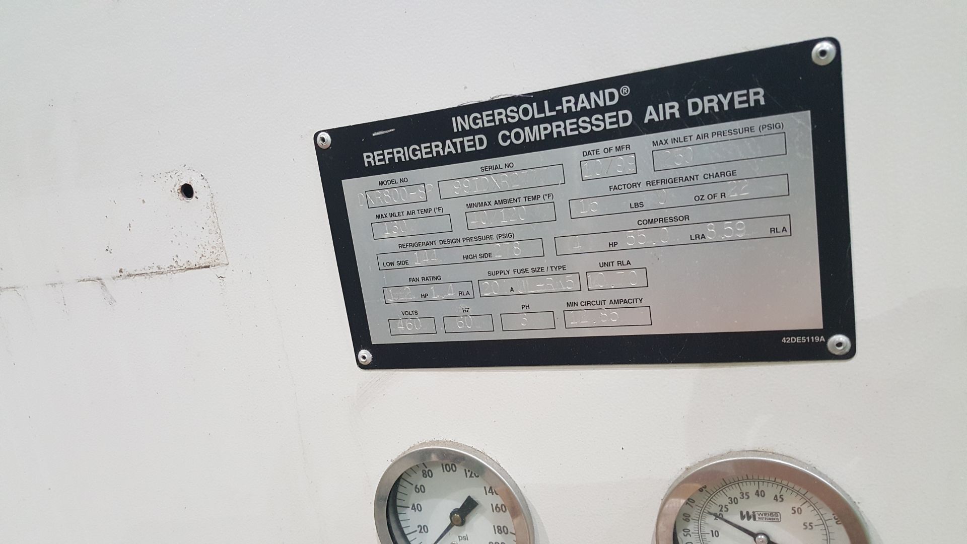 Ingersoll Rand Refrigerated compressed air dryer. Model DXR800SP, SN 99IDXR2777, COMPRESSOR: 4 HP 55 - Image 3 of 3