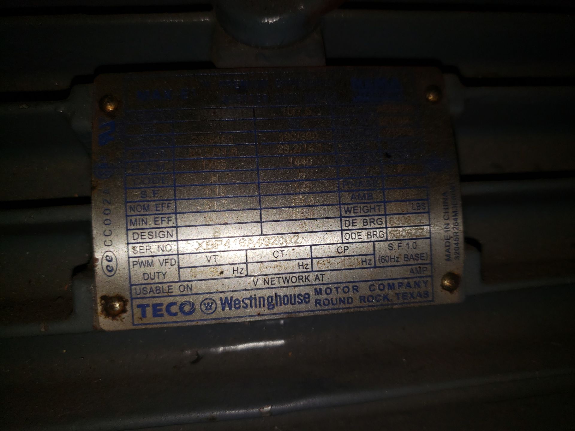 TECO WESTINGHOUSE 10 HP ELECTRIC MOTOR - Image 2 of 2