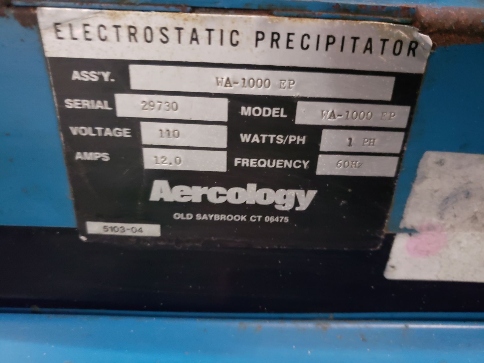 AERCOLOGY WELD AIR PORTABLE ELECTROSTATIC PRECIPITATOR MODEL-WA-1000 EP S#29730 110V/1PH/12AMP/60HZ - Image 2 of 2