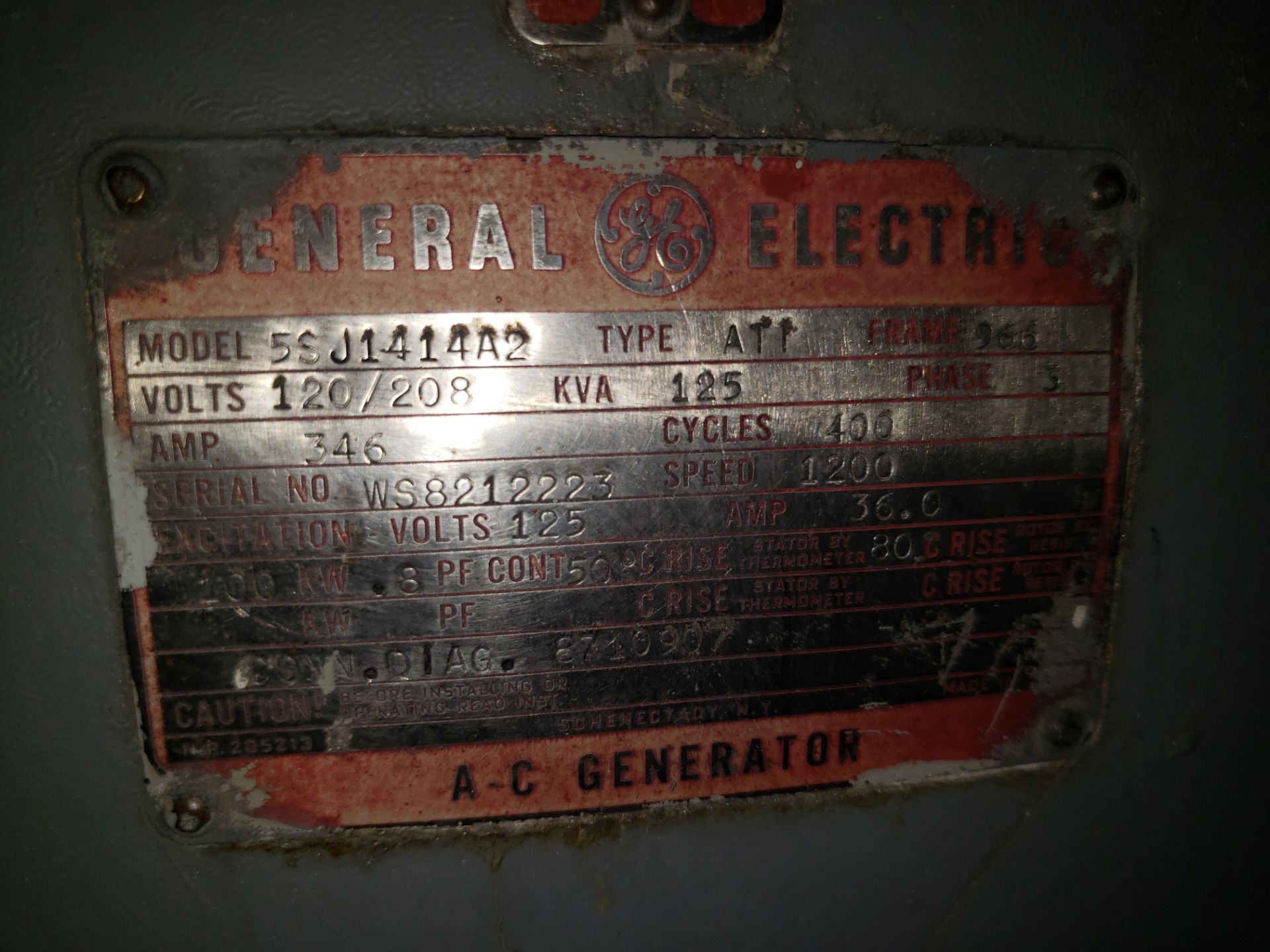 GE AC GENERATOR MODEL-5SJ1414A2 S#WS8212223 GE SYNCHRONOUS MOTOR MODEL-5SR583A8 S#ZS8212222 B-1 - Image 3 of 4