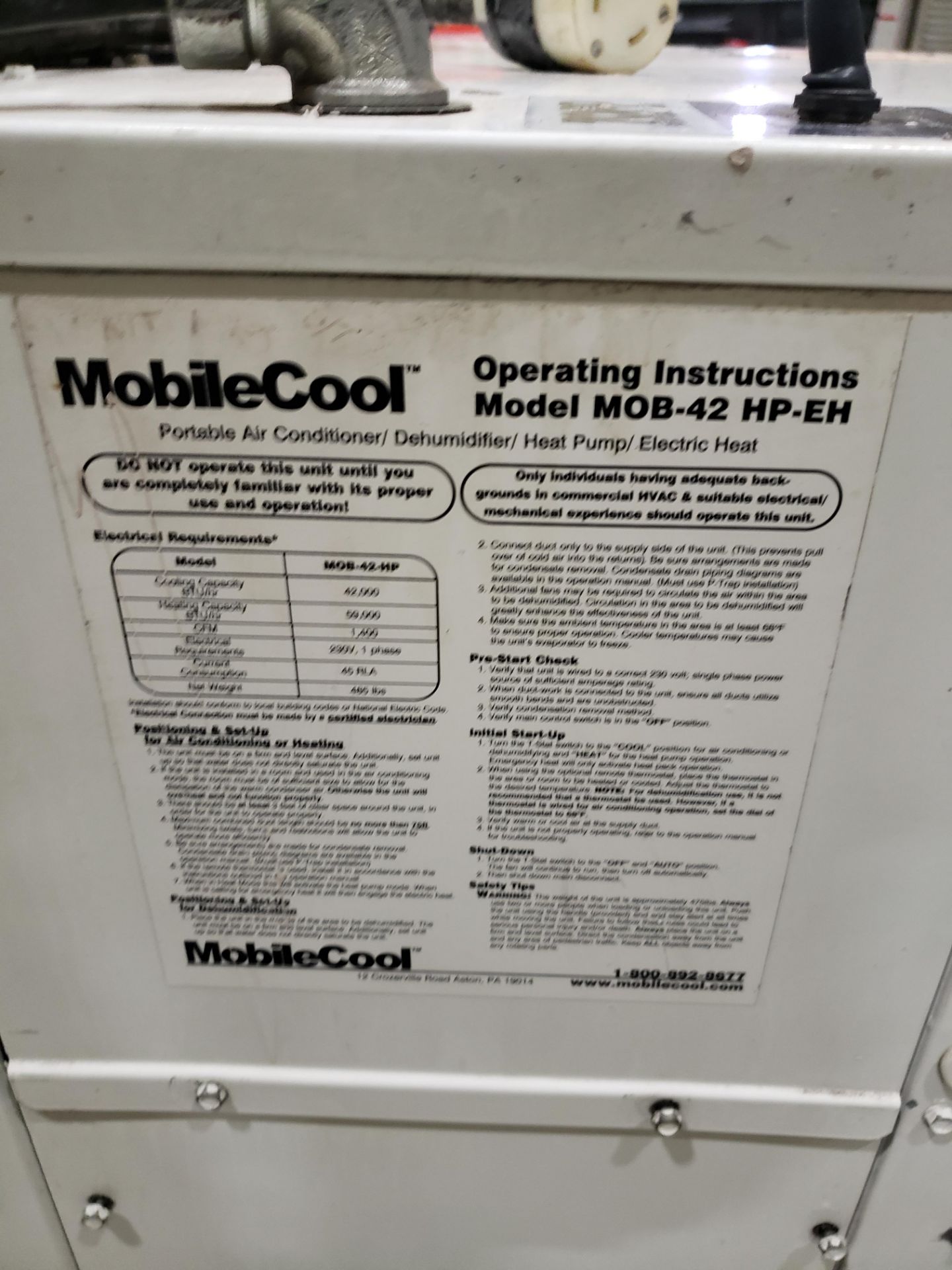 MOBILECOOL 230 V, 1 PHASE PORTABLE AIR CONDITIONER/DEHUMIDIFER/HEAT PUMP/ ELECTRIC HEAT; 42K BTU - Image 2 of 3