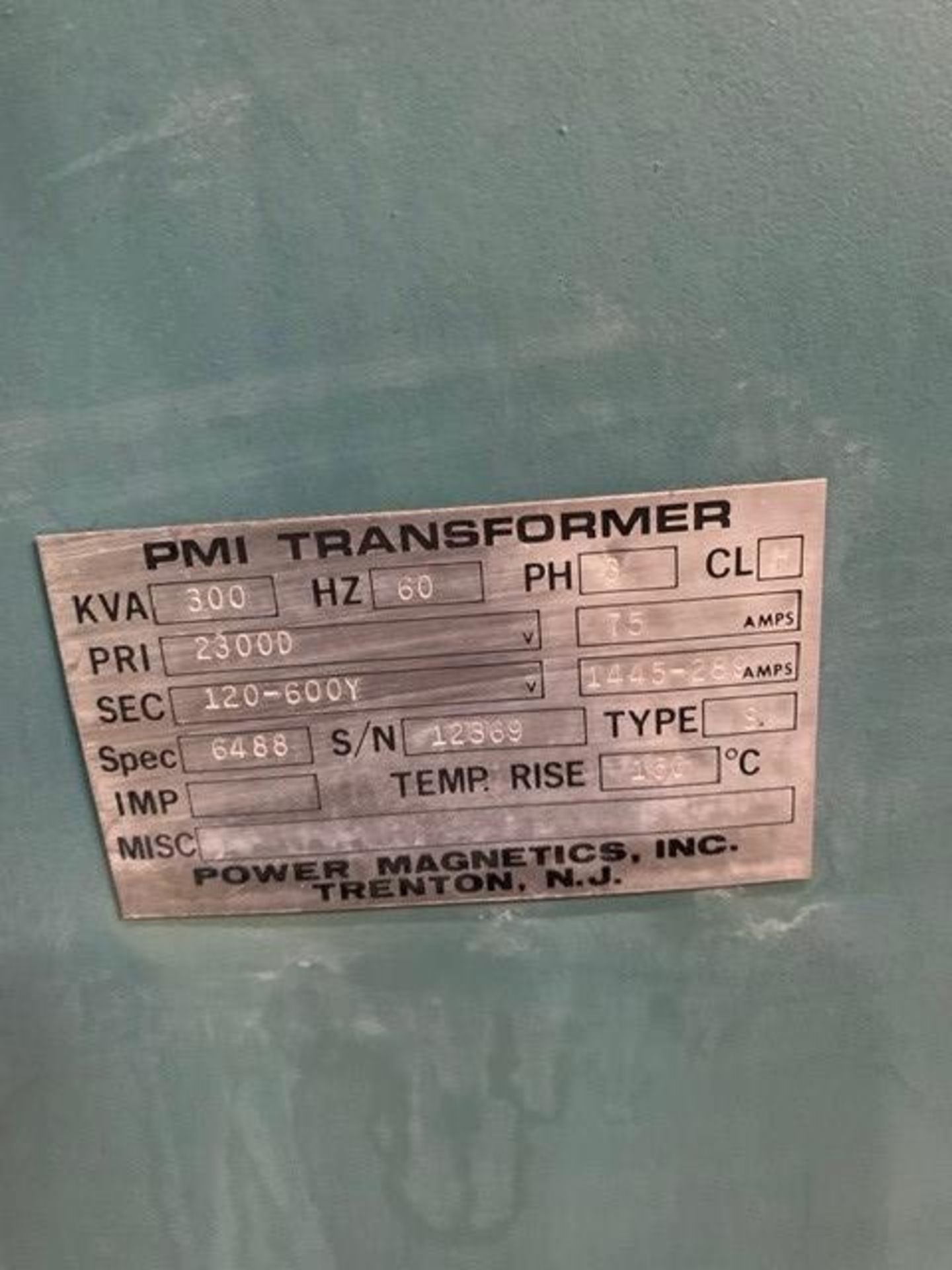 PMI TRANSFORMER 300KVA/60HZ/3PH/75AMP PRI-23000 SEC-120-600Y SPEC-6488 TYPE S 1445-289 AMP S#12369 - Image 2 of 2