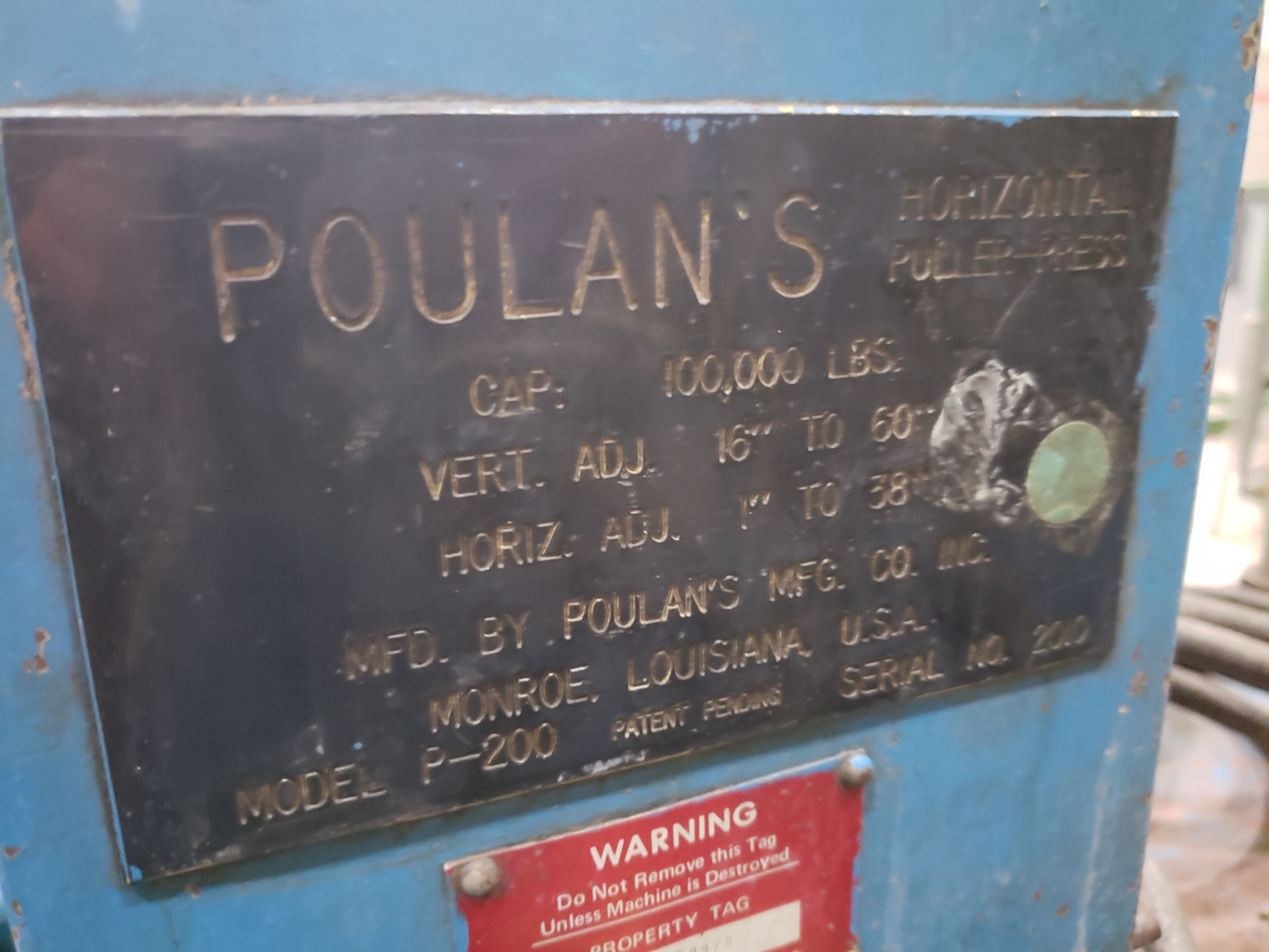 POULANS HYDRAULIC HORZ PULLER PRESS MODEL-P-200 S#2010 B-1 - Image 2 of 3