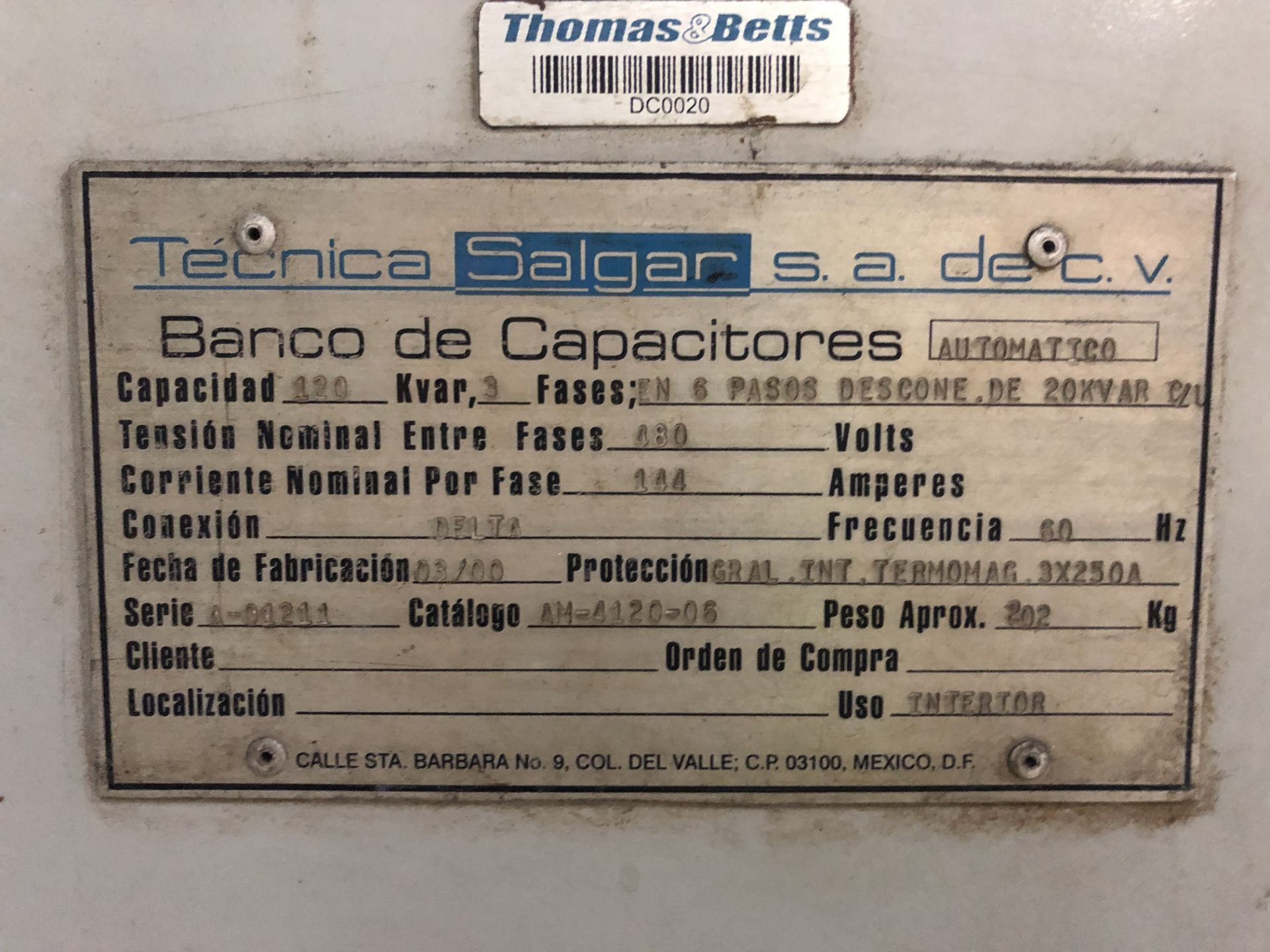 SALGAR Capacitors Bank, Capacity 120 K var, BY Phase 144 APM / Banco de Capacitores - Image 3 of 3
