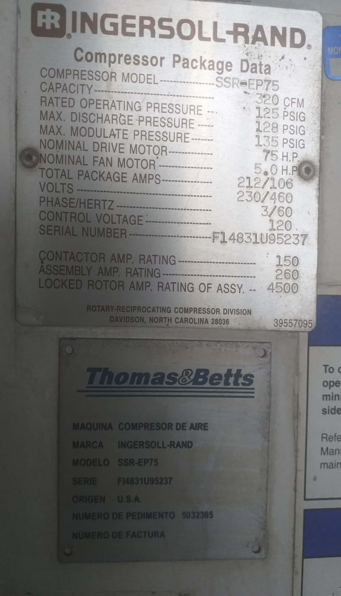 INGERSOLL RAND Compressor, Capacity 320 CFM, Nom. Drive motor 75HP, 230/460 Volts, 3 PH, 60 - Image 2 of 3