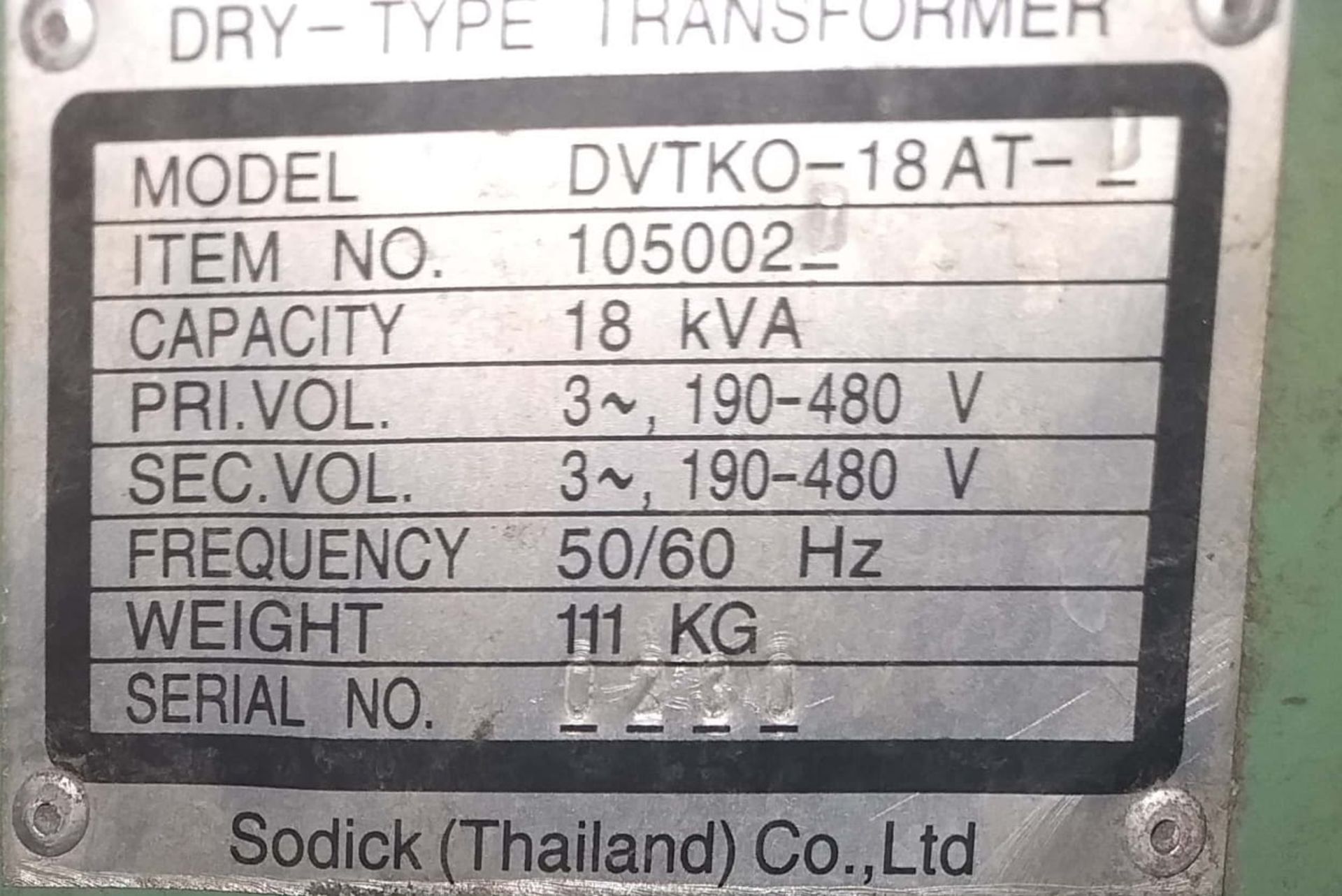 SODIC Dry Type Transformer, Capacity 18 KVA, 50-60 Hz, Weight 111 kgs., - Image 2 of 2