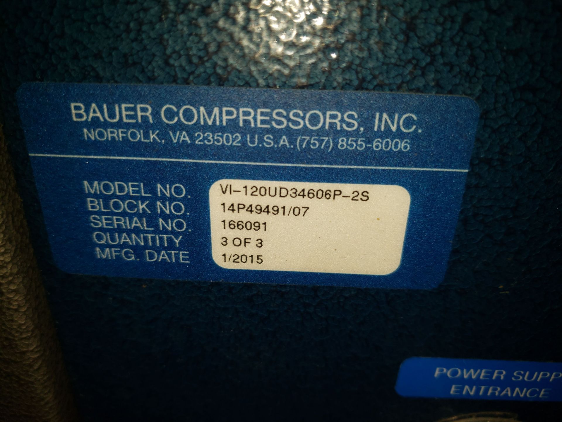 2015 BAUER VERTECON AIR COMPRESSOR MODEL-VI-120UD34606P-2S S#166091 460 VOLT - Image 4 of 4