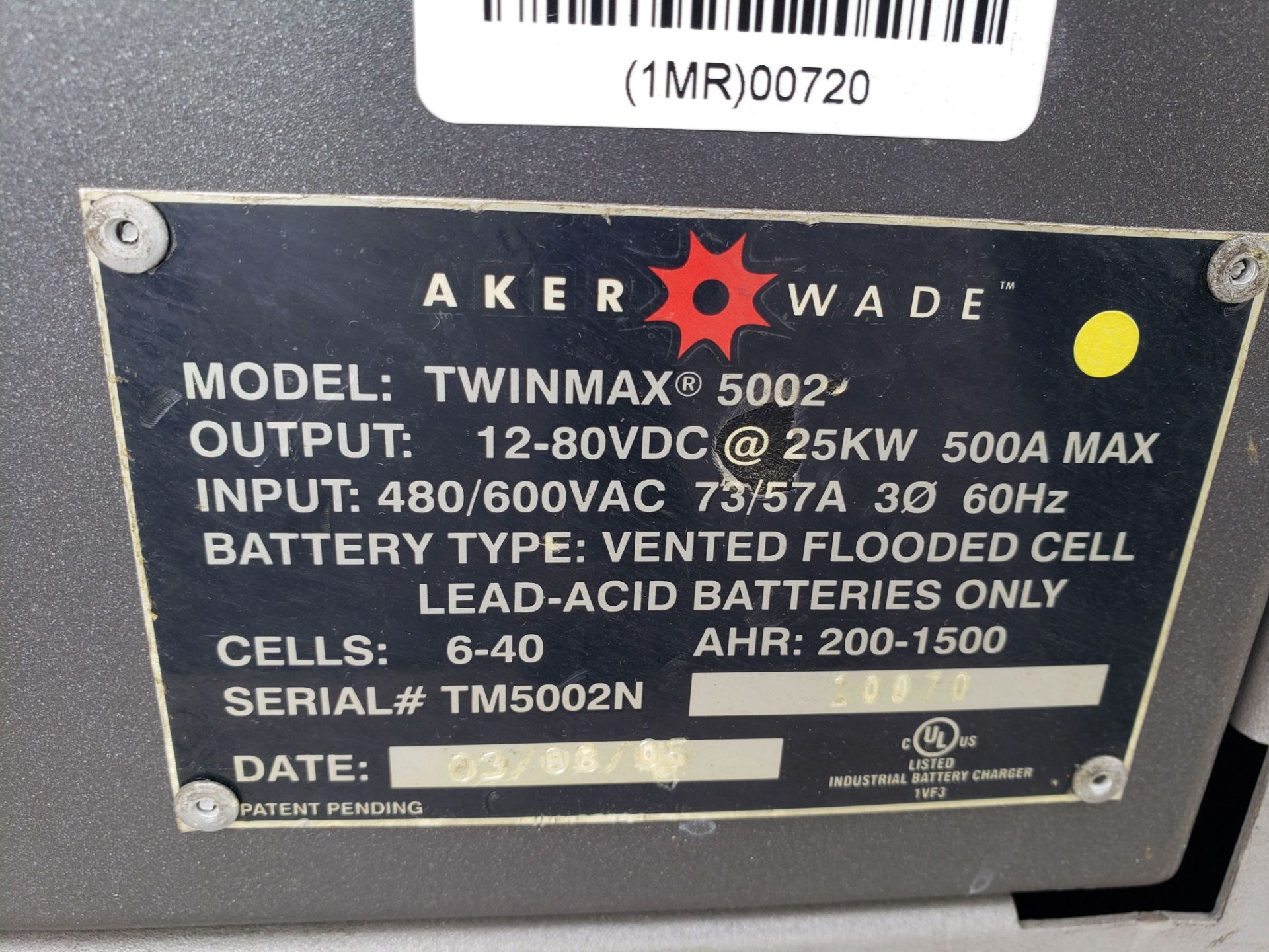 2005 AKER WADE TWIN MAX 5002 FAST CHARGER OUTPUT 12-80VDC@25KW 60 HZ CELLS-6-40 S#TM5002N 10070 - Image 3 of 3
