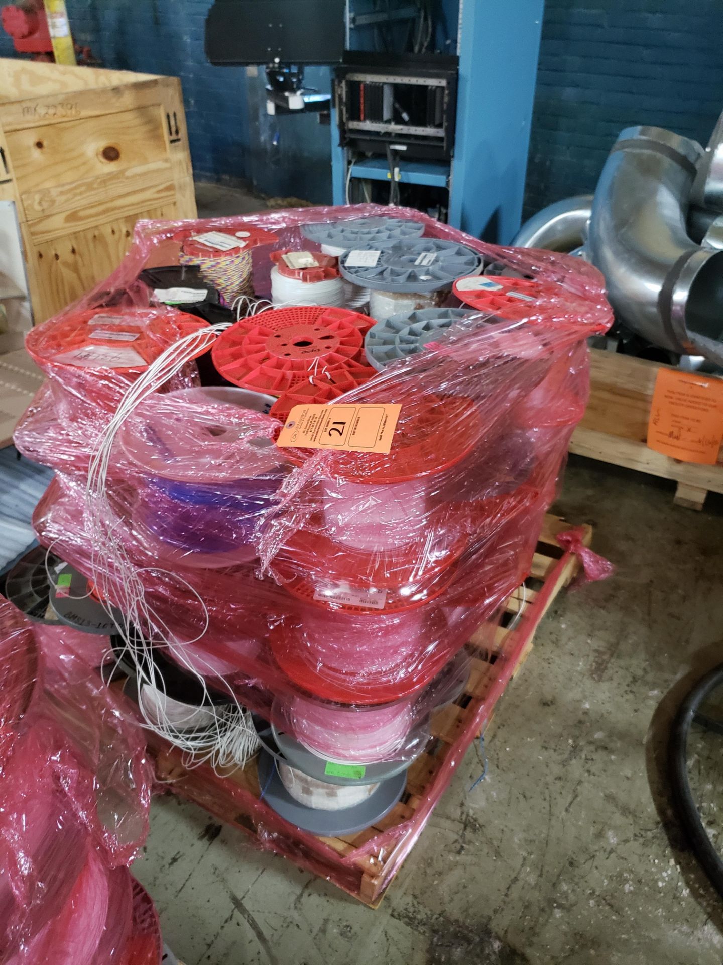 PALLET OF VARIOUS COMMUNICATION WIRE APPROX 48 PARTIAL SPOOLS