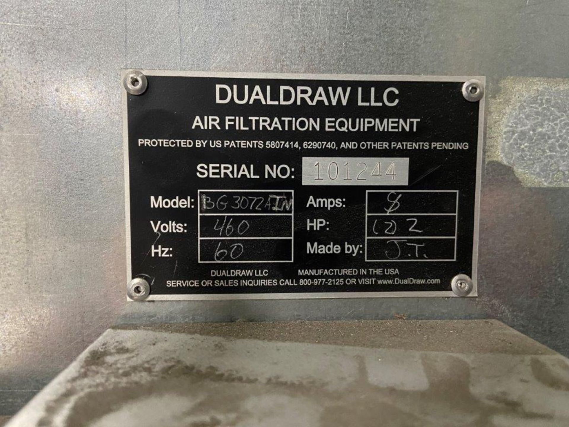 DUALDRAW AIR FILTRATION EQUIPMENT DOWN DRAFT TABLE MODEL-BG3074AIN S#101244 HP-(2) 2 - Image 3 of 3