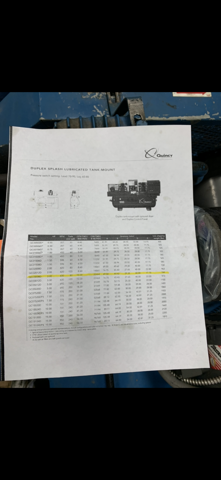 QUINCY CLIMATE CONTROL HORIZONTAL AIR COMPRESSOR (2) QUINCY AT-5 COMPRESSOR (4X 2.5 X 2.28) 3 HP - Image 2 of 2