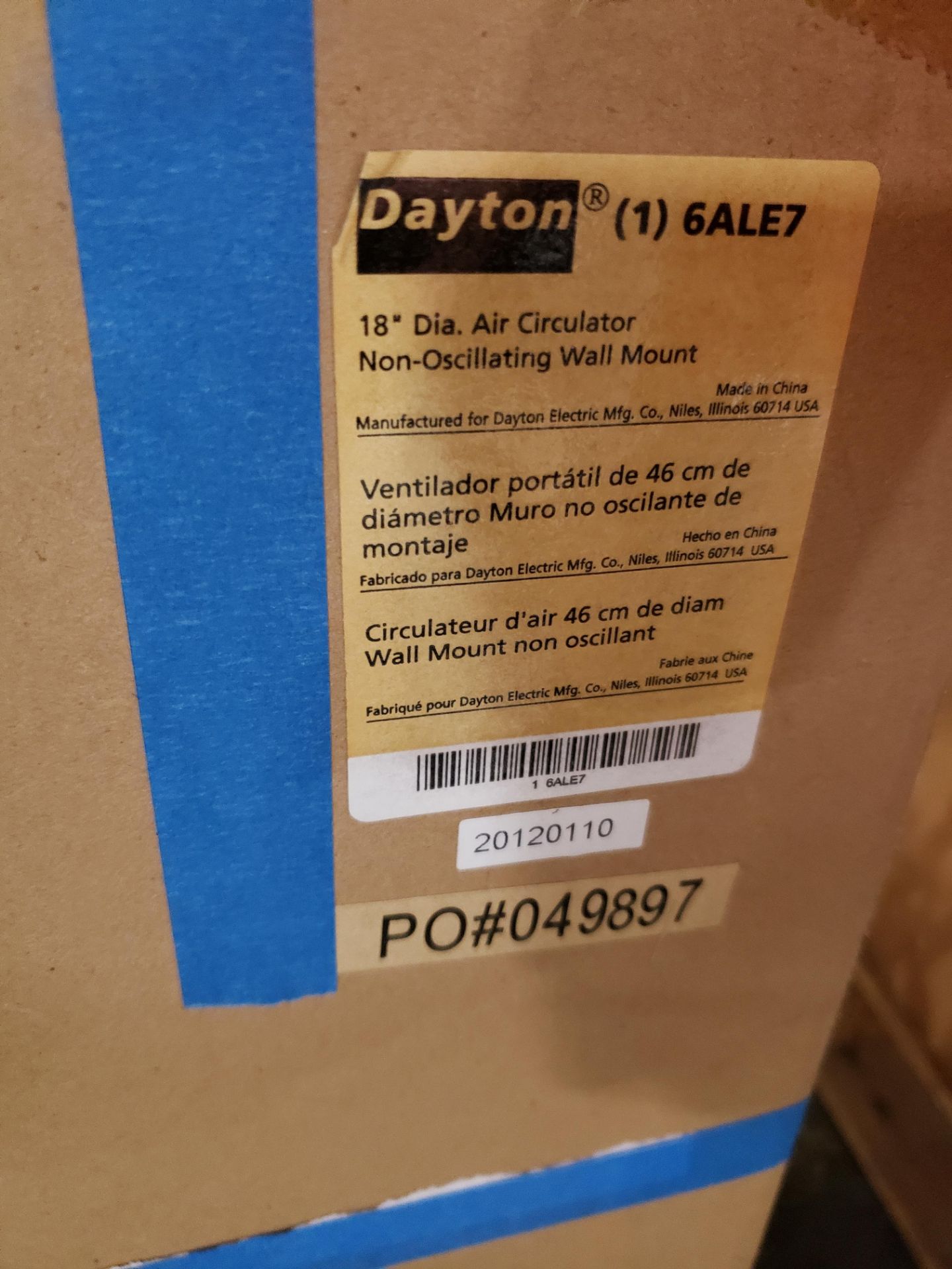 DAYTON 18" AIR CIRCULATOR NON -OSCILLATING WALL MOUNT FAN MODEL-: (1) 6ALE7 - Image 2 of 2