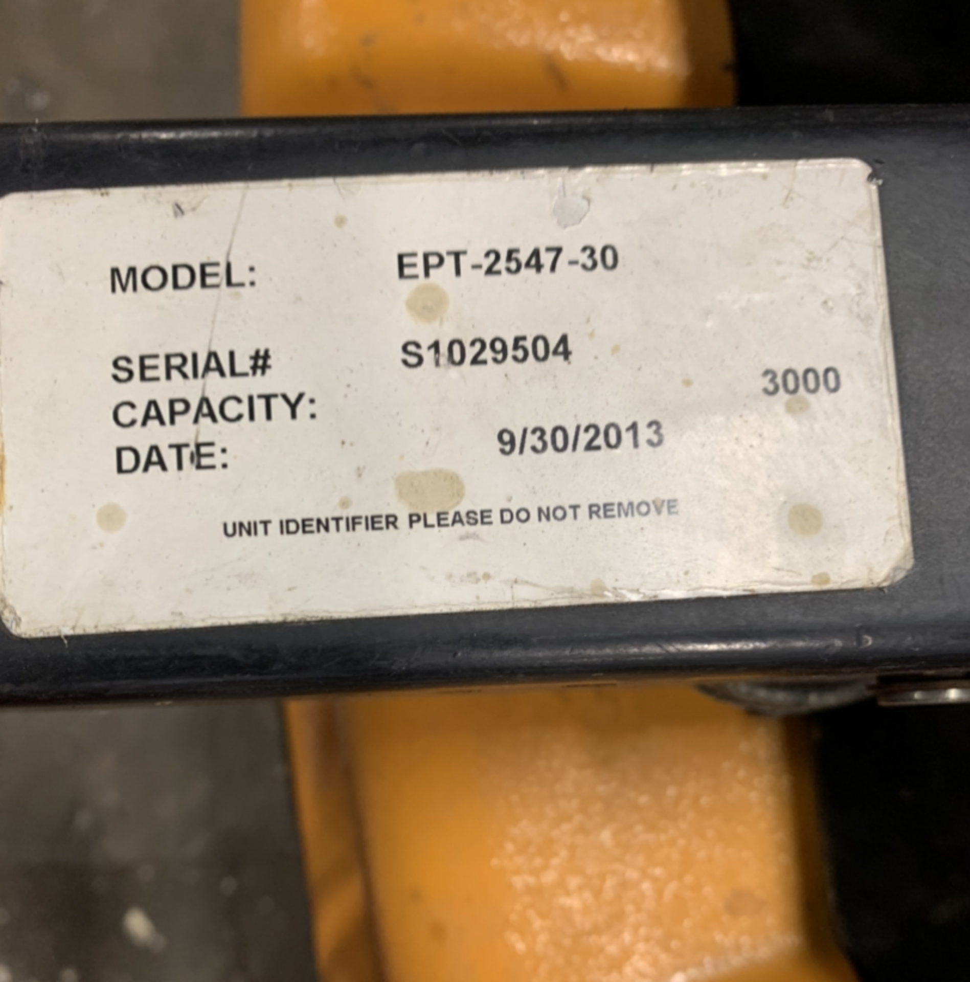 VESTIL ELECTRIC PALLET JACK MODEL-EPT-2547-30 S#51029504 3000LB CAP. - Image 3 of 3