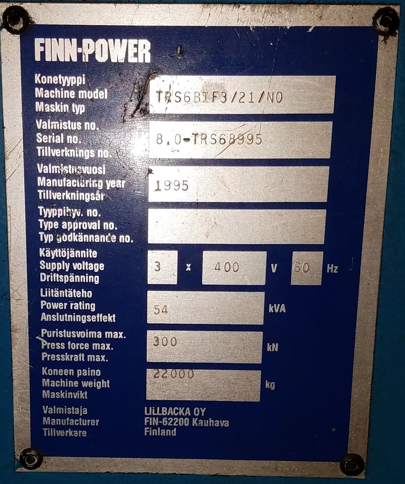 1995 FINN POWER 400V/60HZ/3PH MAX FORCE 300 MACHINE WEIGHT-22000 KG (Located at: 6801 Industrial - Image 2 of 5
