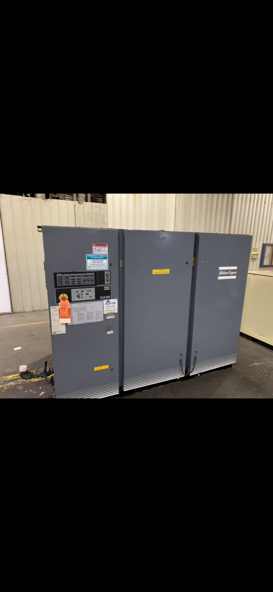 ATLAS COPCO ROTARY SCREW AIR COMPRESSOR MODEL-GA90 125 HP S#AII020634