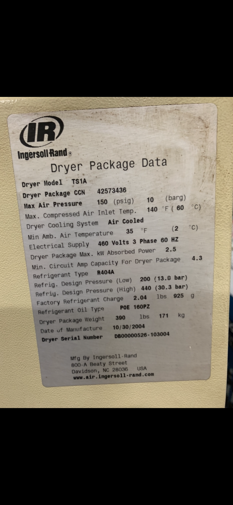 INGERSOLL RAND COMPRESSED AIR DRYER MODEL-TSIA 50 PSI S#DB00000526-103004 - Image 2 of 2