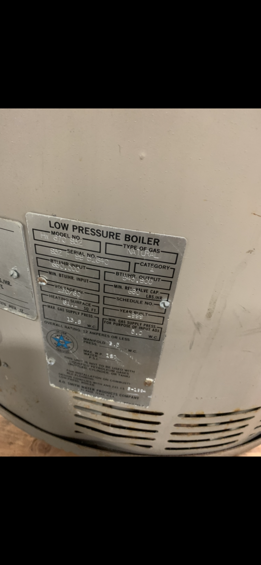 A.O. SMITH LOW PRESSURE BOILER MODEL-FW670-932 S#932-F-99-5162 - Image 2 of 2