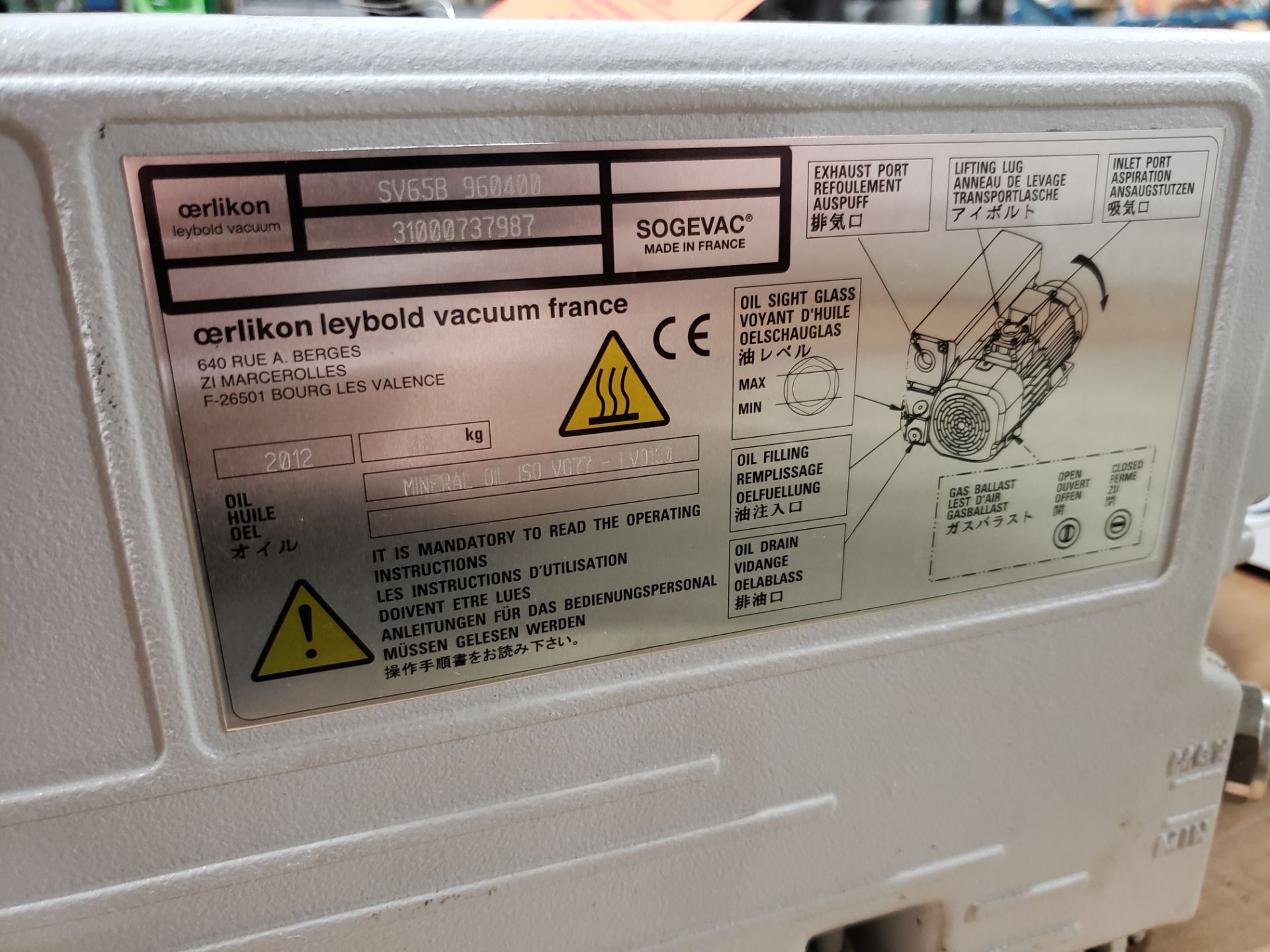 2012 LEYBOLD SOGEVAC VACUUM PUMP (NEEDS REBUILT) MODEL-SV65B960400V3001 S#3100737987 - Image 2 of 2