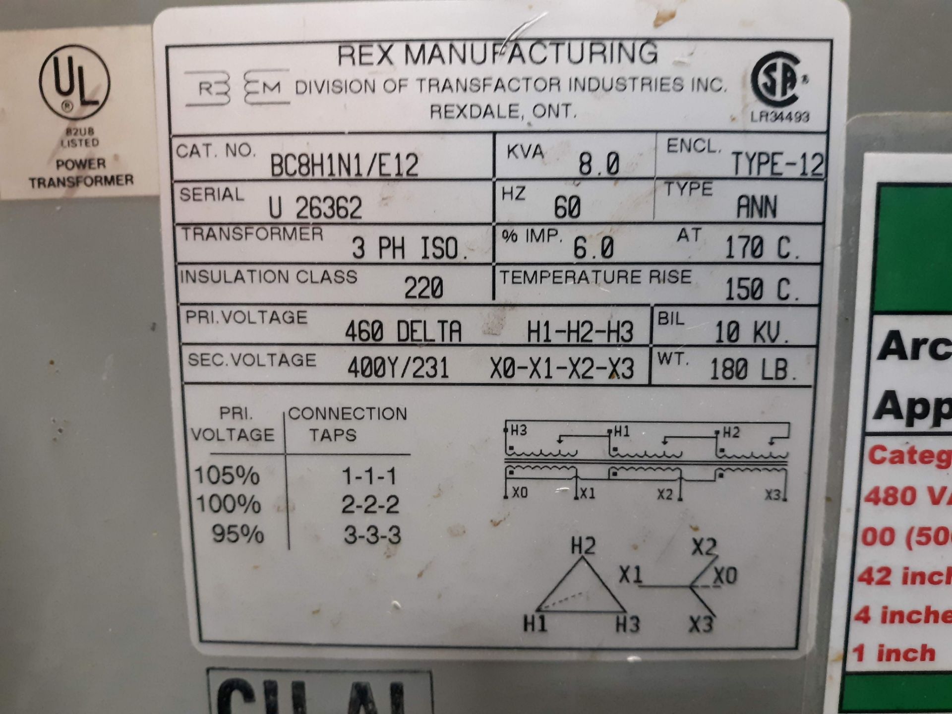 REX MFG TRANSFORMER 8.0 KVA 3PH/ 60HZ PRIMARY V 460 DELTZ - Image 2 of 6