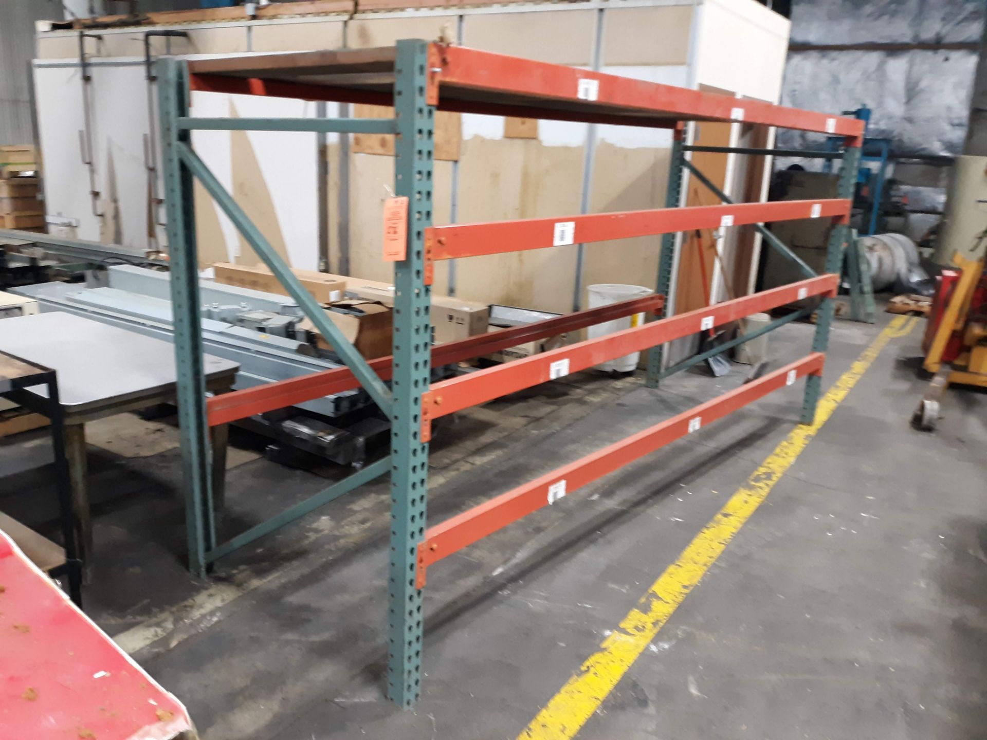 SECTION OF PALLET RACKING AND SUPPORT BOARDS; (2) UPRIGHTS 48"WX76"T (6) SUPPORT RAILS 12' LONG