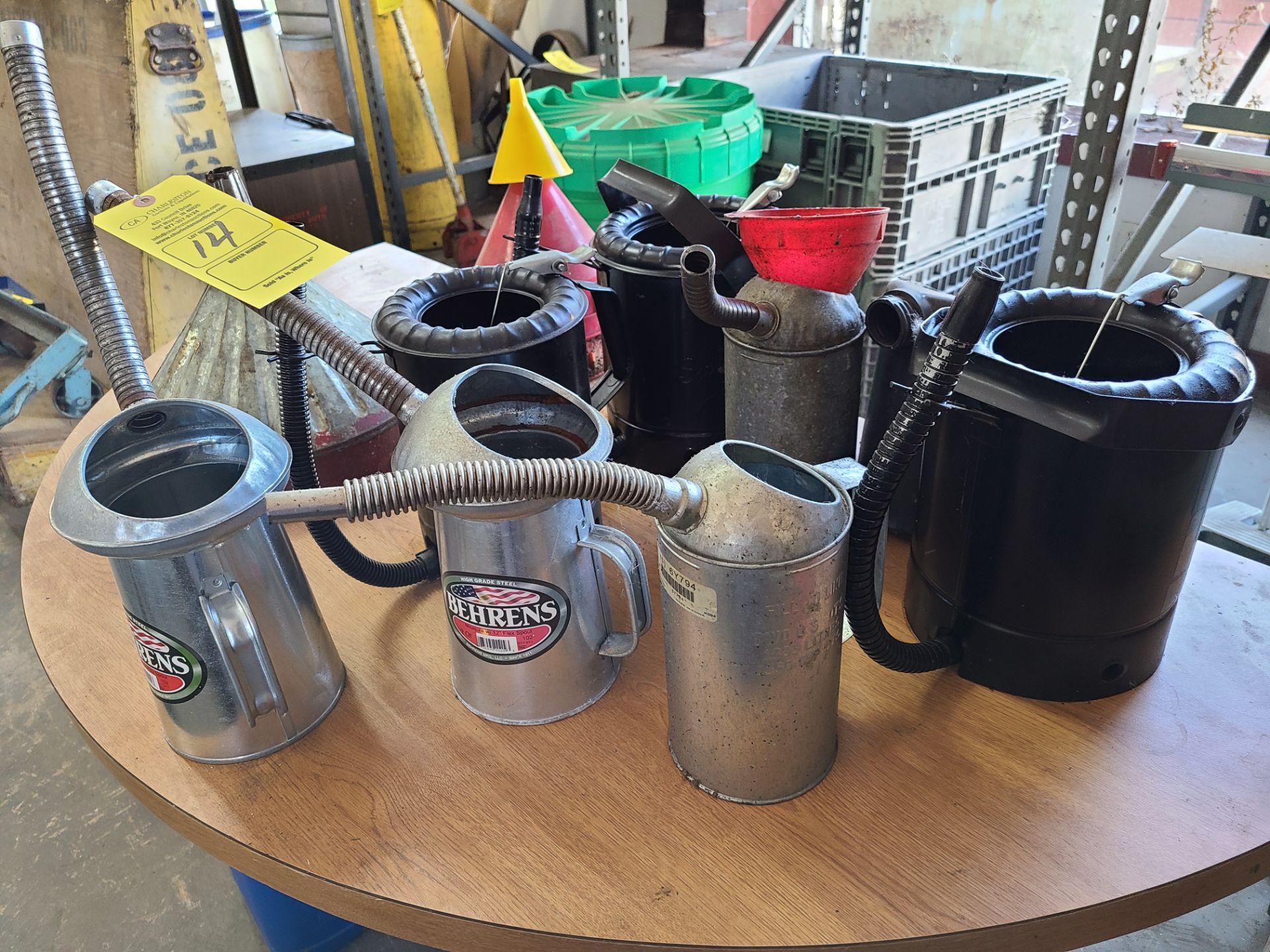 (8) VARIOUS OIL CANS; FUNNELS