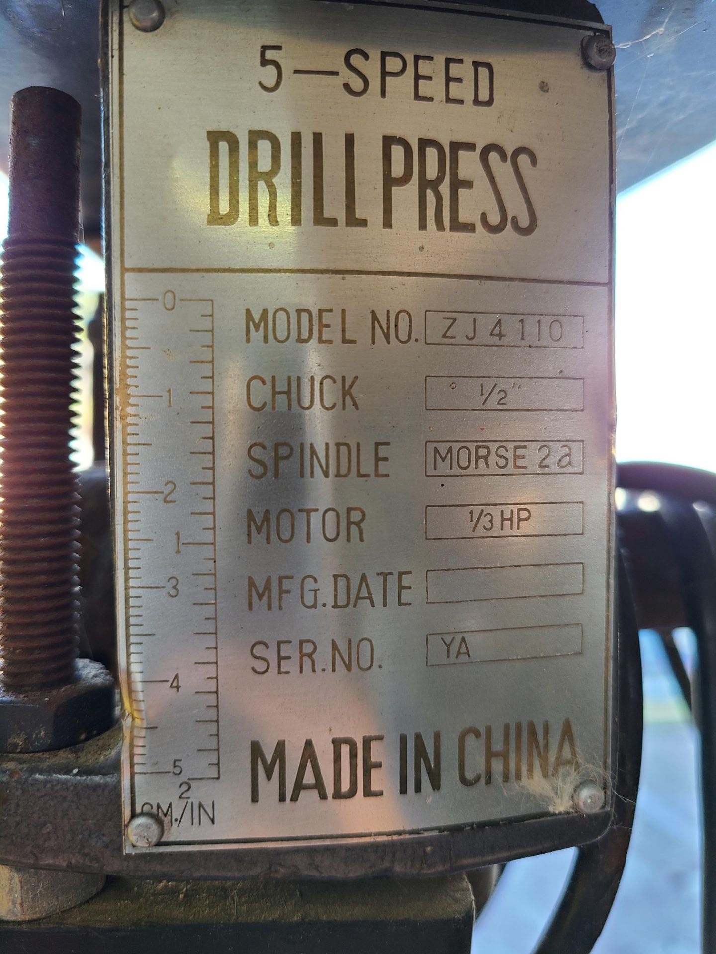 5 SPEED DRILL PRESS: MODEL ZJ4110 1/2" CHUCK 1/3 HP - Image 2 of 2