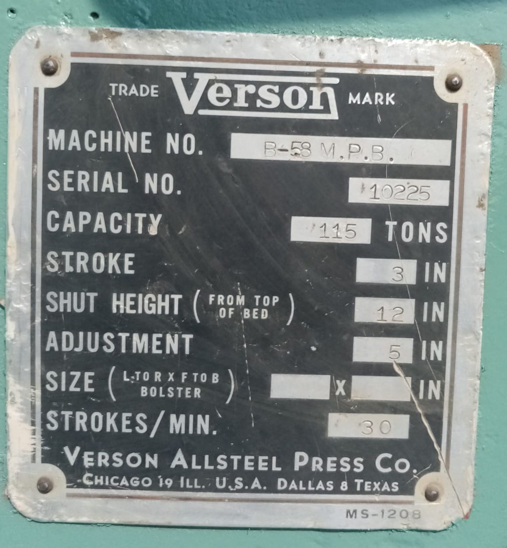 VERSON Bending Machine S/N 10225 115 Ton/ Dobladora - Image 3 of 5