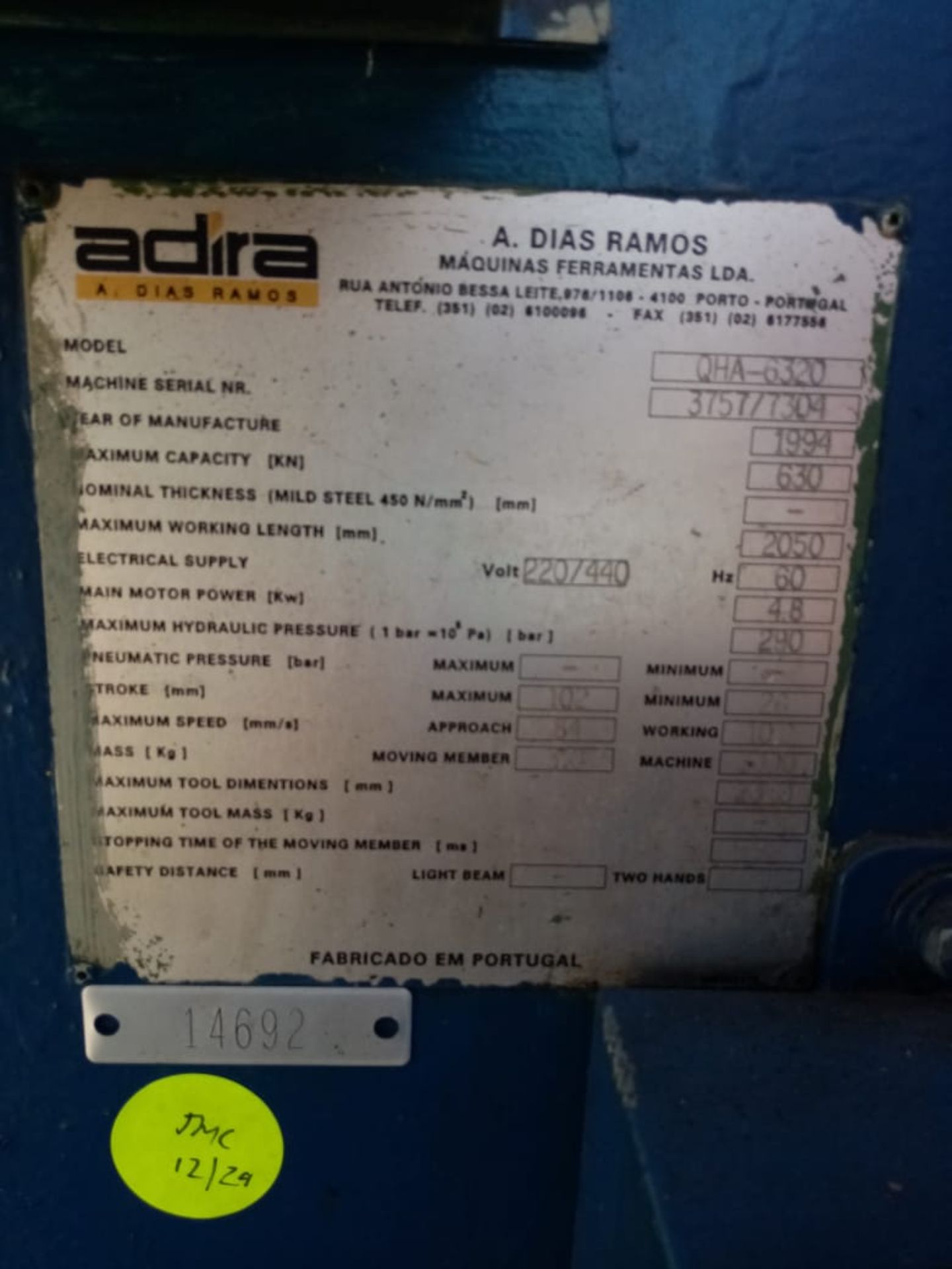 ADIRA Bending Machine Serie No 3757 - 7304 63 Ton x 81" Modelo: QHA6320/ Dobladora - Image 4 of 4