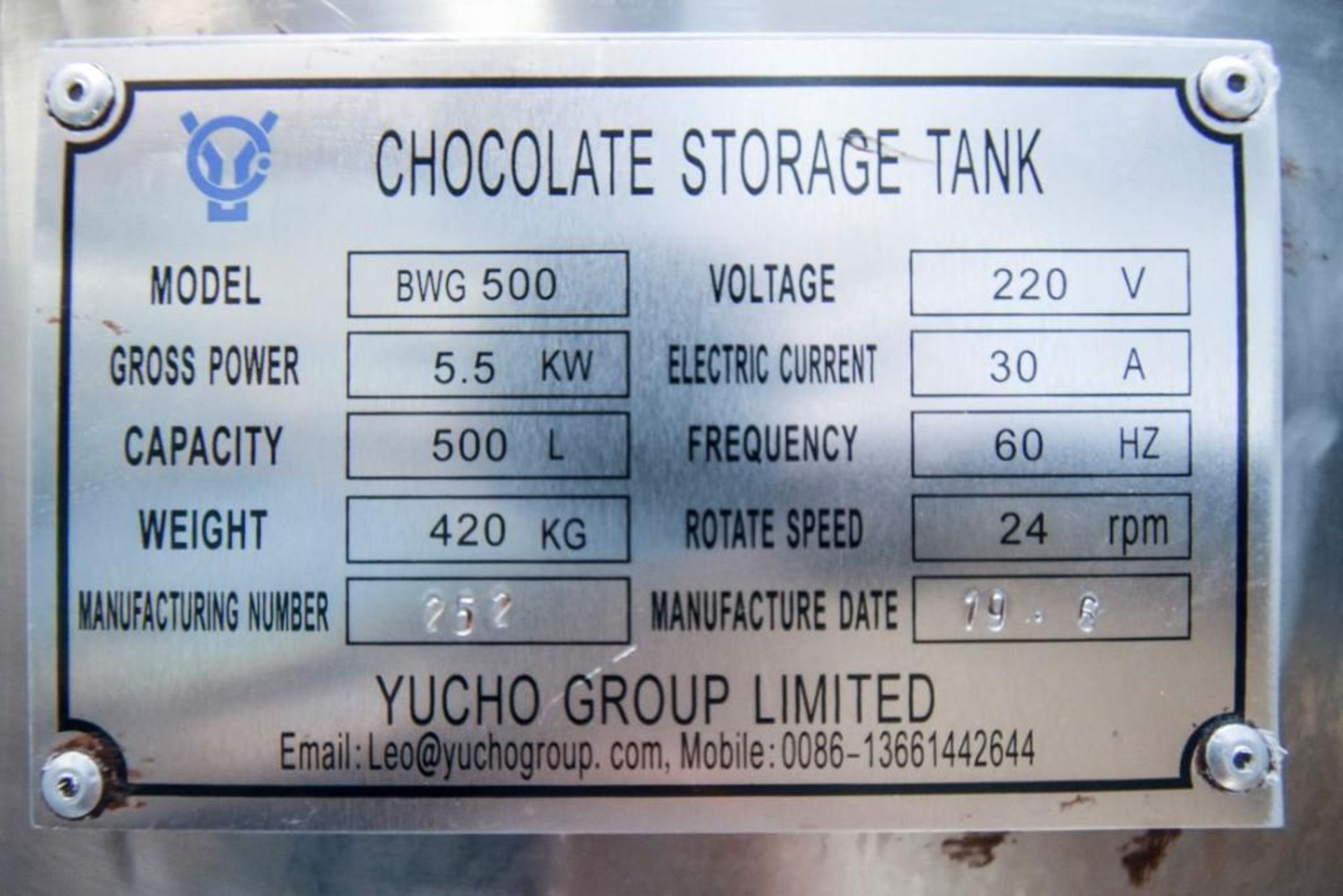 Yucho Group Limited Chocolate Storage Tank BWG 500 - Image 3 of 4