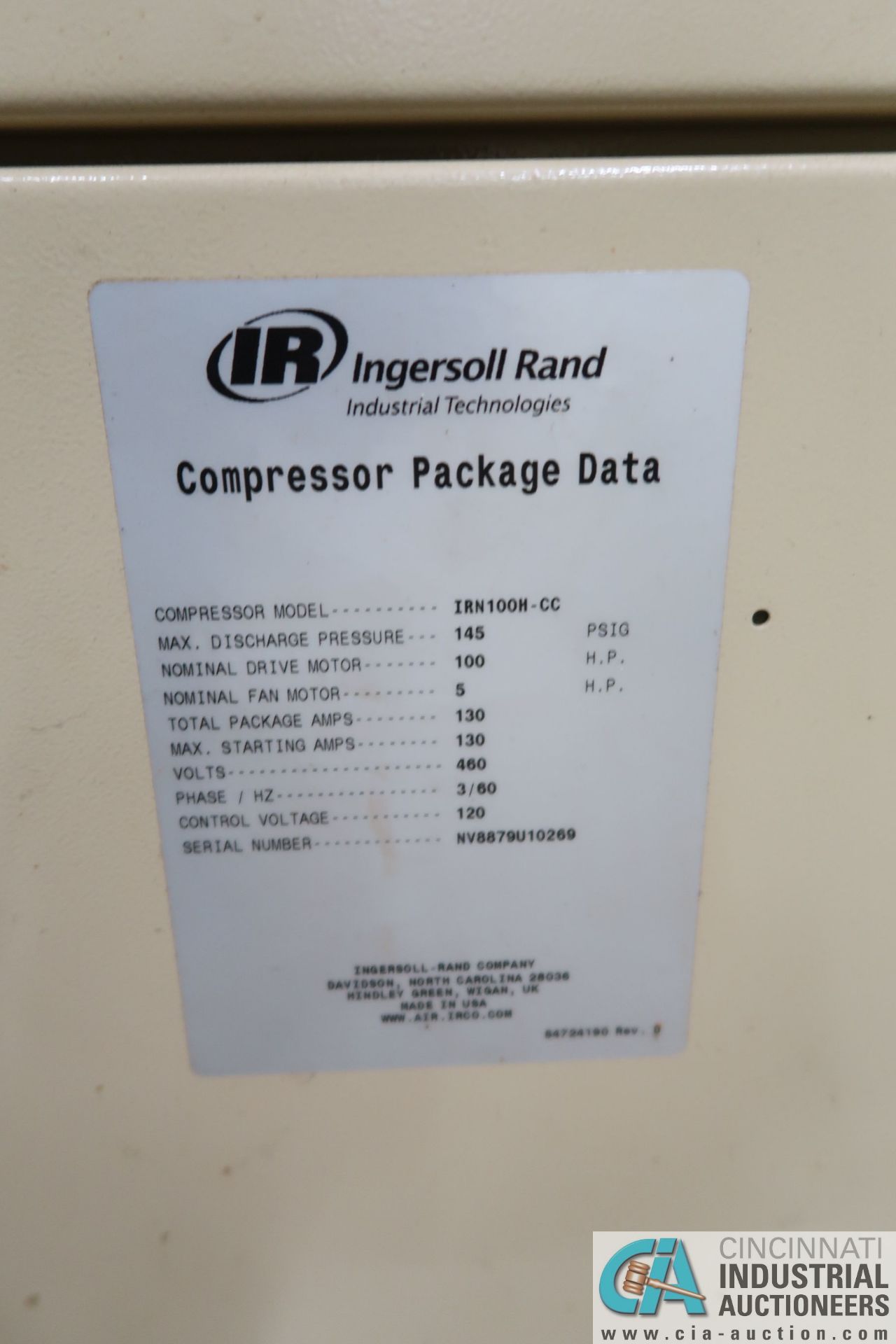 100 HP INGERSOLL RAND MODEL IRN100H-CC AIR COMPRESSOR; S/N NV8879U10269, 145 PSIG, 34,373 HOURS - Image 3 of 3