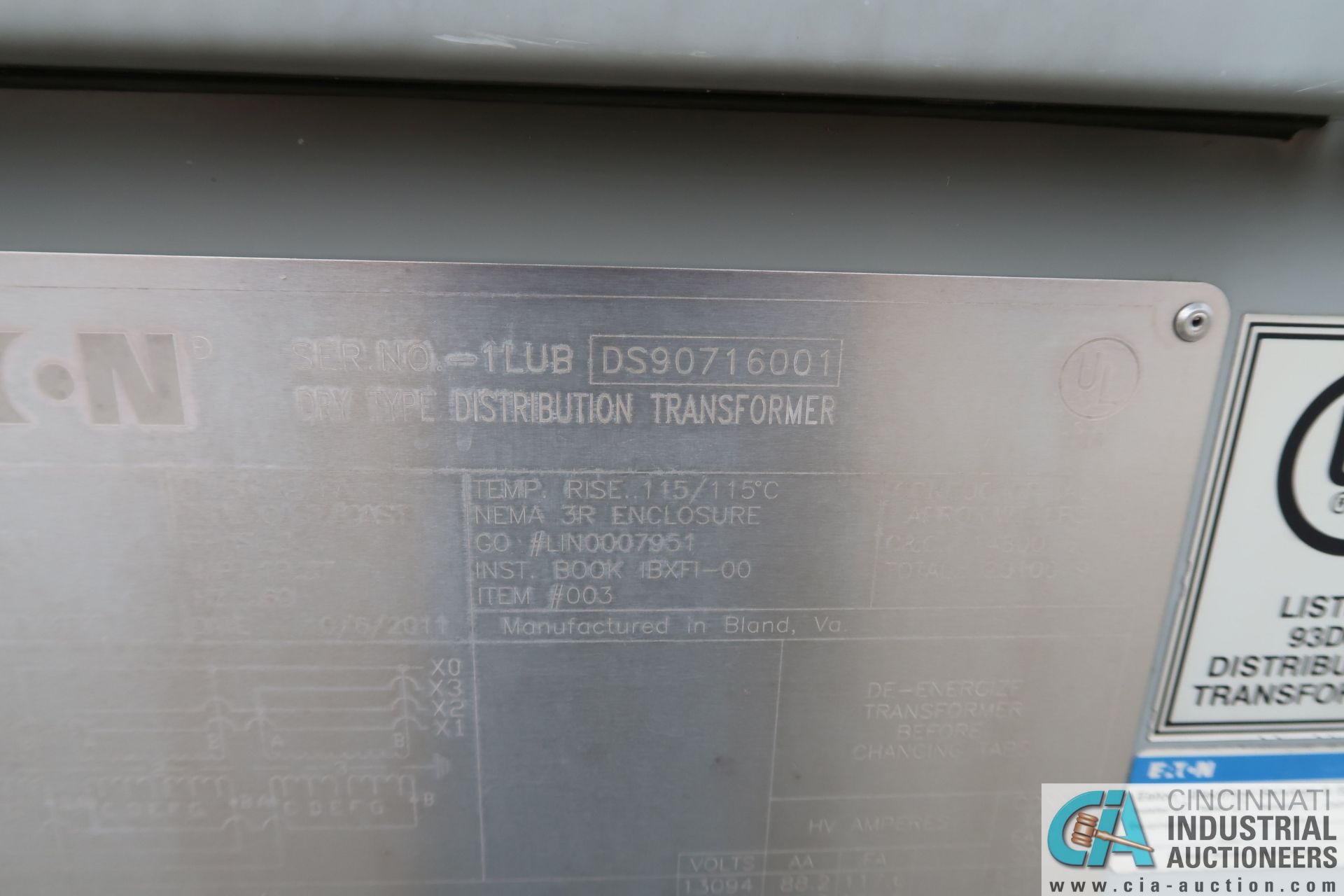 ** 2000/2667 KVA EATON DRY TYPE DISTRIBUTION TRANSFORMER; S/N 1LUBDS90716001, 12,470 HIGH VOLTAGE, - Image 20 of 20