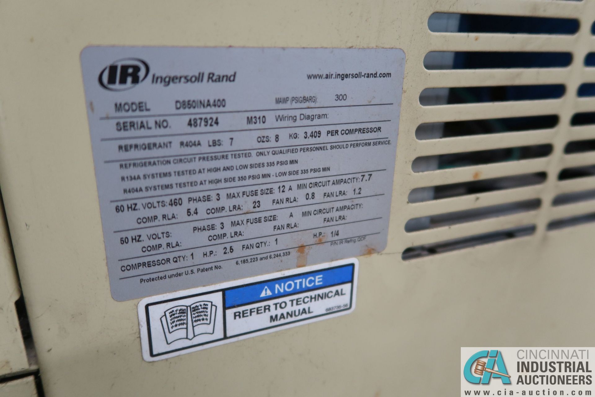 INGERSOLL RAND MODEL D850INA400 REFRIGERATED AIR DRYER; S/N 487924 - Image 3 of 3