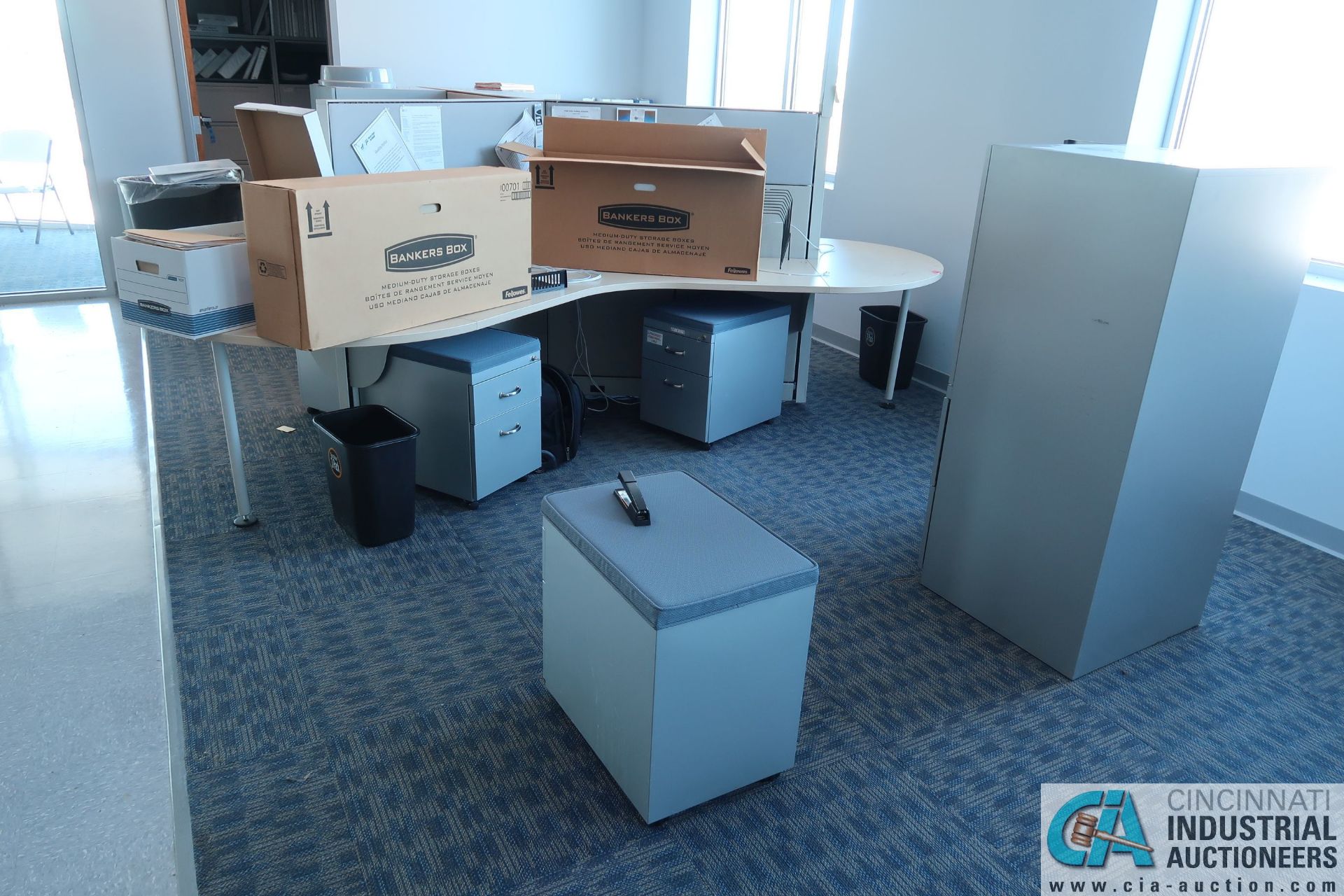 3-STATION MODULAR WORK STATION WITH CHAIRS, PRINTER, AND CABINETS - Image 2 of 3