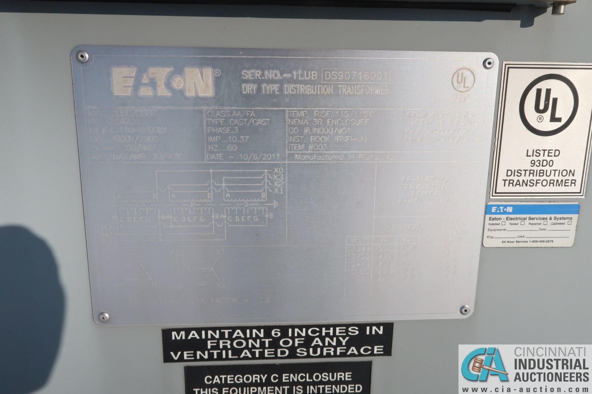 ** 2000/2667 KVA EATON DRY TYPE DISTRIBUTION TRANSFORMER; S/N 1LUBDS90716001, 12,470 HIGH VOLTAGE, - Image 3 of 20